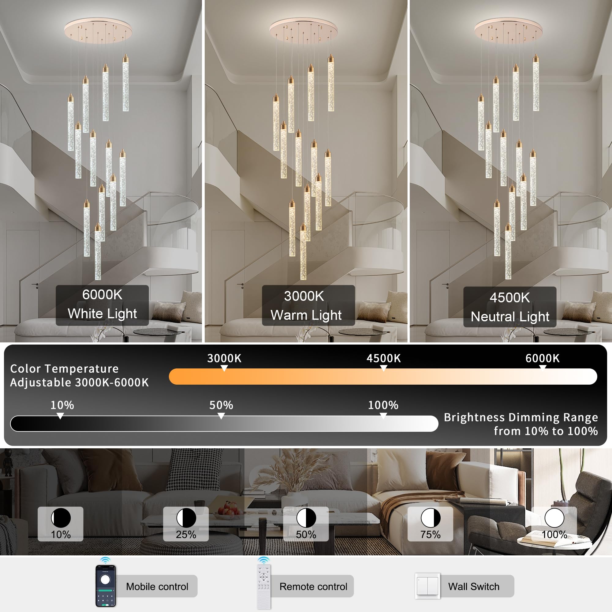 YwueChwu 12-Lights High Ceiling Crystal Staircase Chandelier Gold, Modern Spiral Raindrop Dimmable LED Bubble Cluster Ceiling Ha