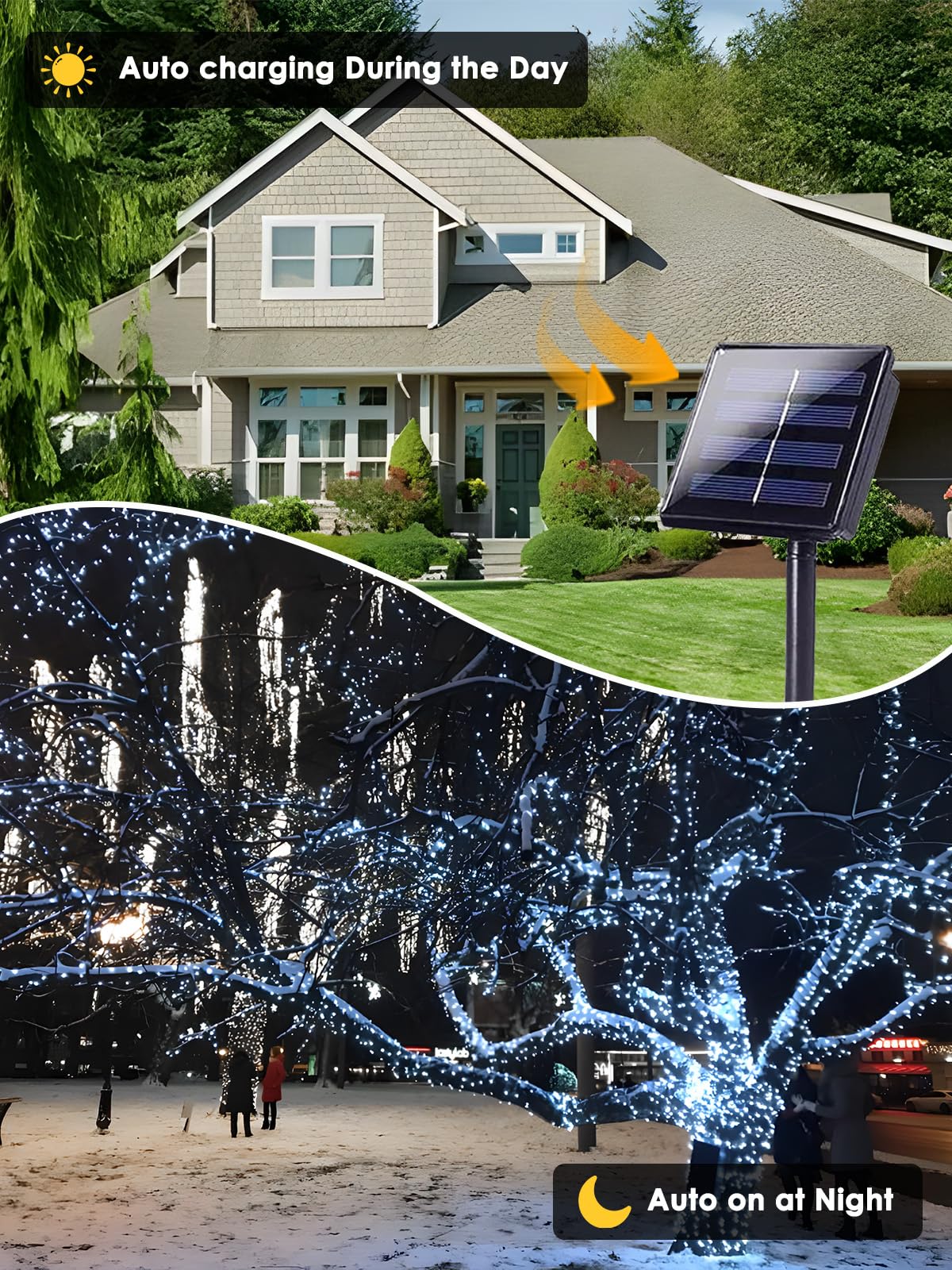 EEW 2 Pack 200 LED Solar String Lights, 8 Lighting Modes, Waterproof, Cool White, Model CAIYUAN-100