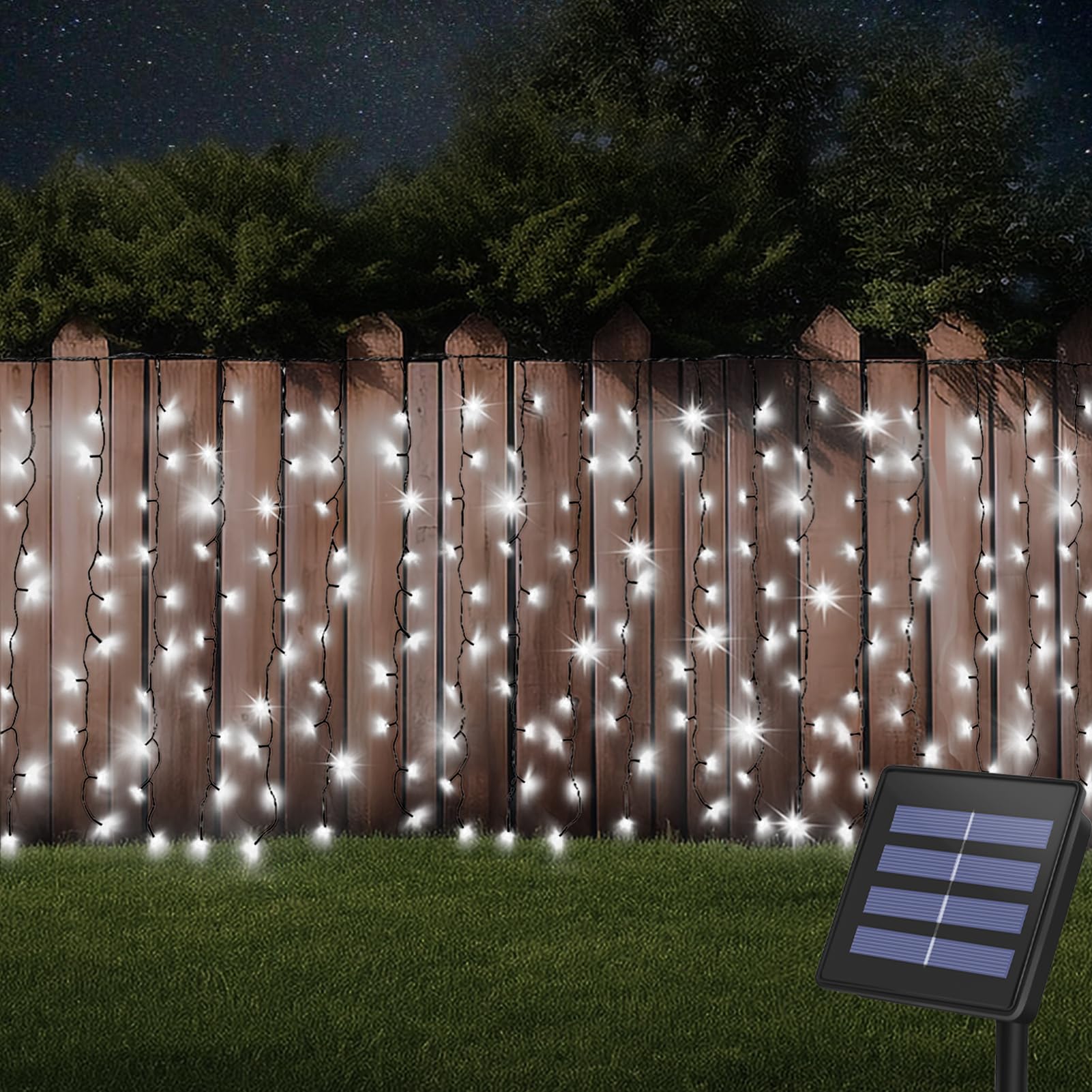 DBFAIRY Solar Curtain Lights, 300 LED, 19.6ft x 3.3ft, Waterproof, Cool White, Model 6X1-01CW