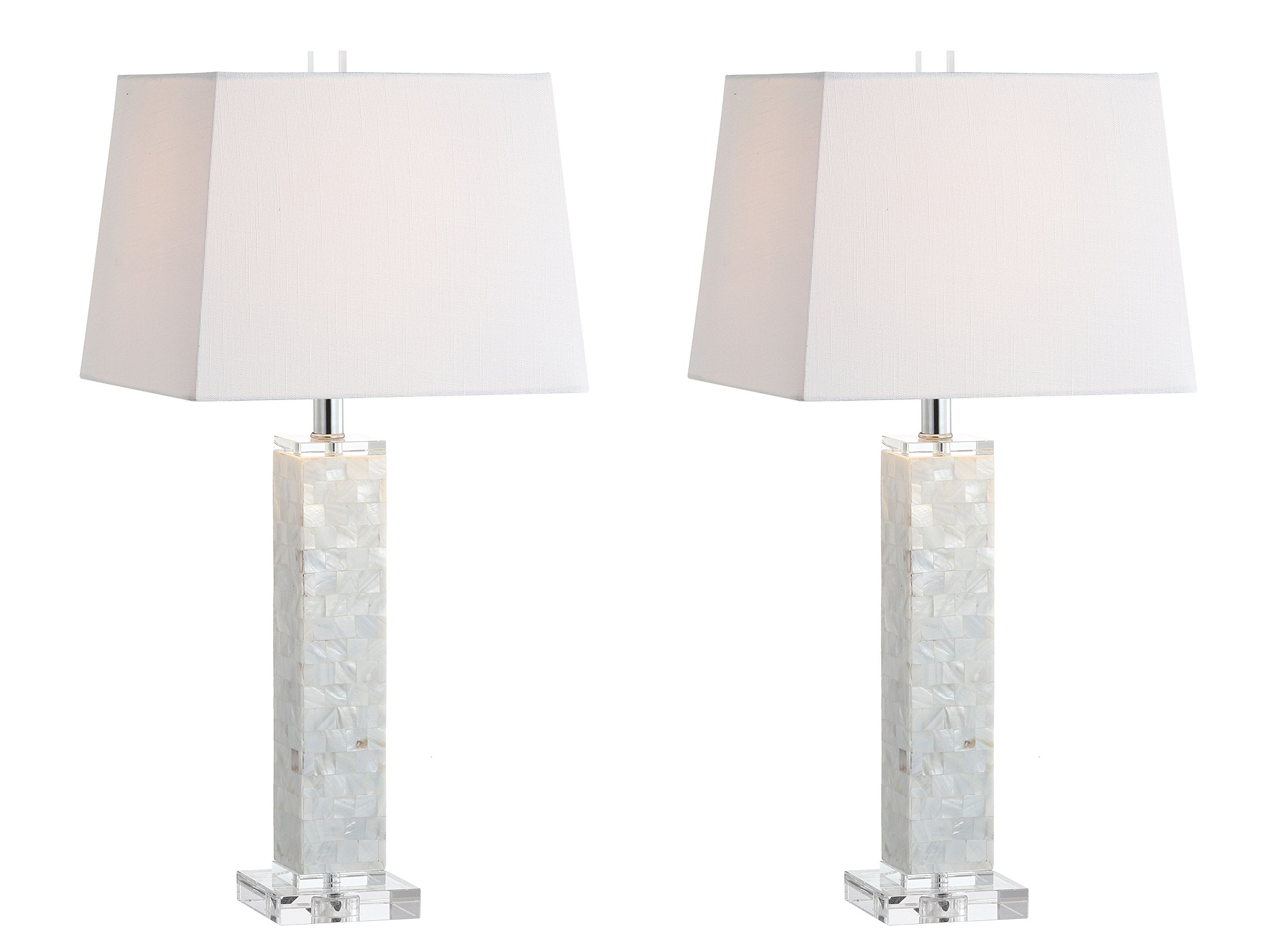 JONATHAN Y 28.5 White Mother-of-Pearl Seashell LED Table Lamp Set of 2  Coastal Contemporary Mosaic Pillar for Living Room  Crystal Base  White Linen Shade  LED Bulbs Included JYL1053A-SET2