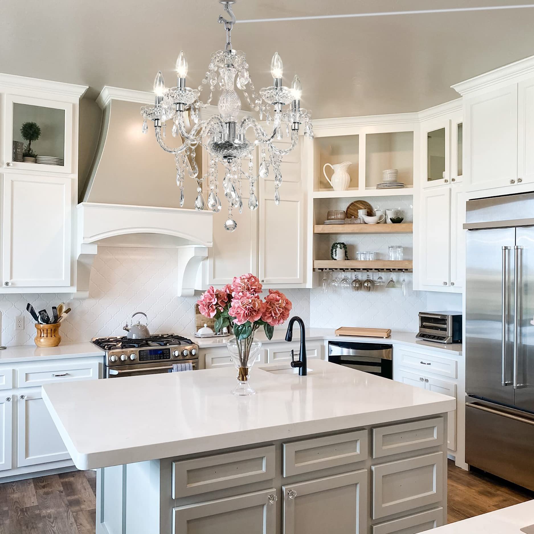PAPAYA 5-Light Acrylic Chandelier with Clear Cord & On/Off Switch, H19 D19.7, Clear-L-5, Ideal for Kitchen Island & Dining Areas