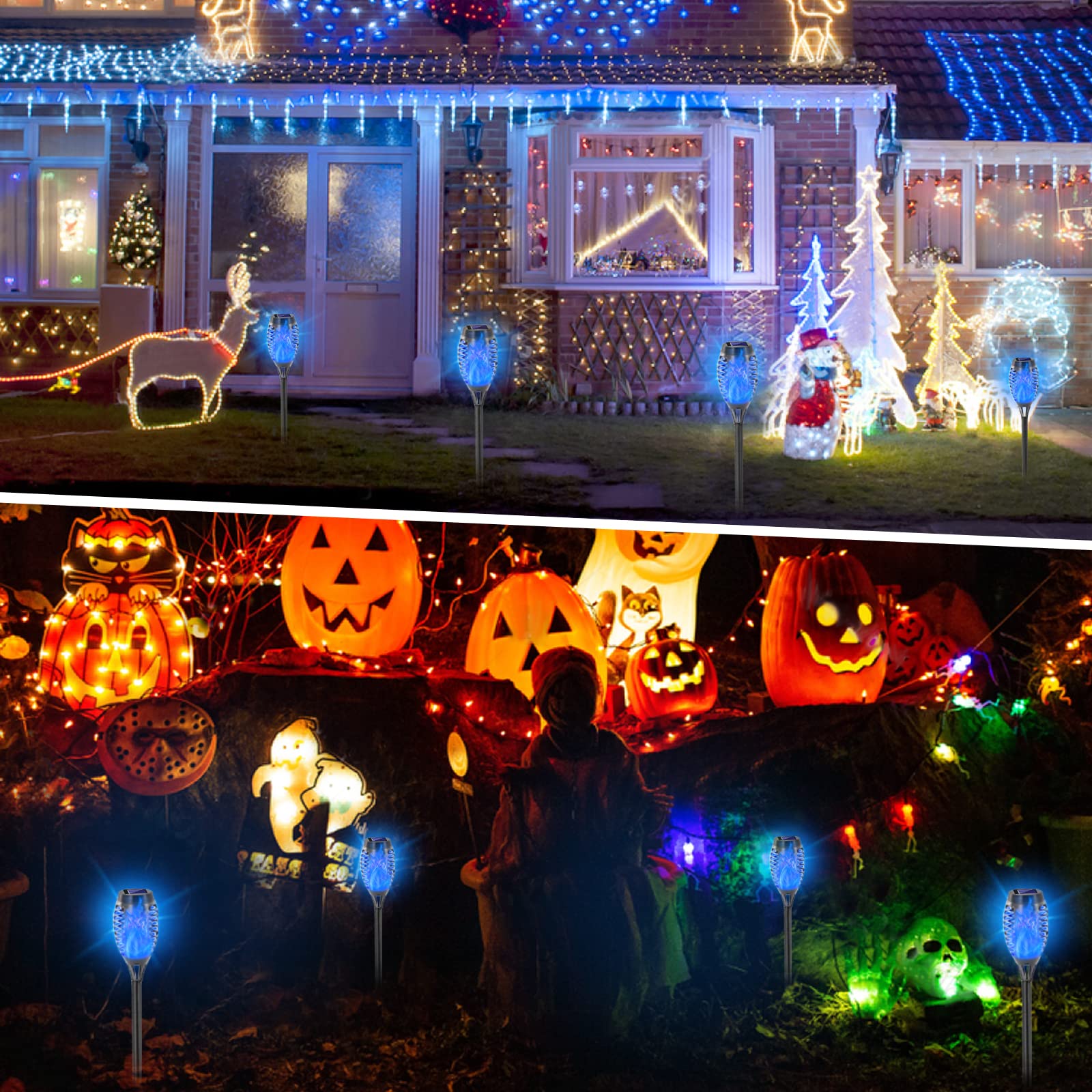 Eoyizw Solar Lights Outdoor, 8 Pack Blue Solar Torch Light With Flickering Flame, 12 Led Solar Tiki Torches For Outside Lights W