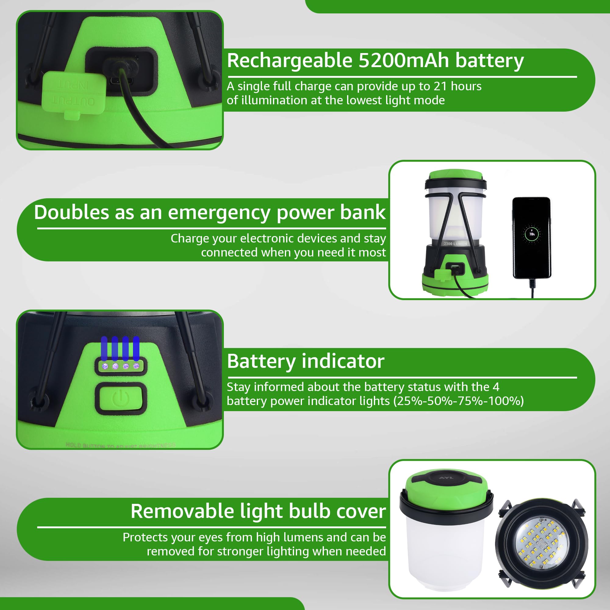 AYL Rechargeable LED Camping Lantern - 2300 Lumens, Portable, Waterproof, Black and Green, Model RESL688