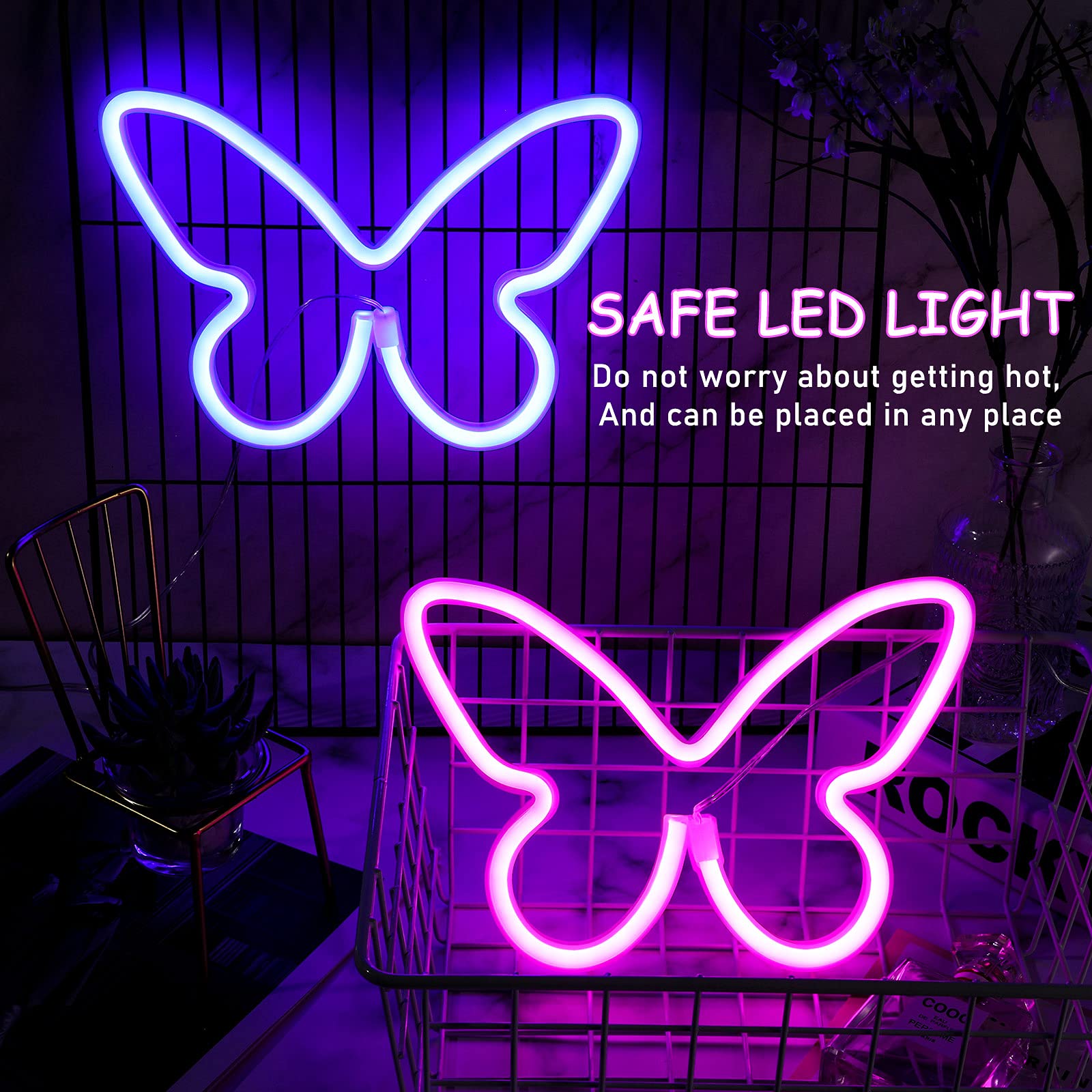 Riakrum Butterfly Neon Signs LED Light, 3AA Battery/USB, Pink & Blue, Wall Decor for Home, Bedroom, Party, Model Riakrum-Signs Butterfly LED-026