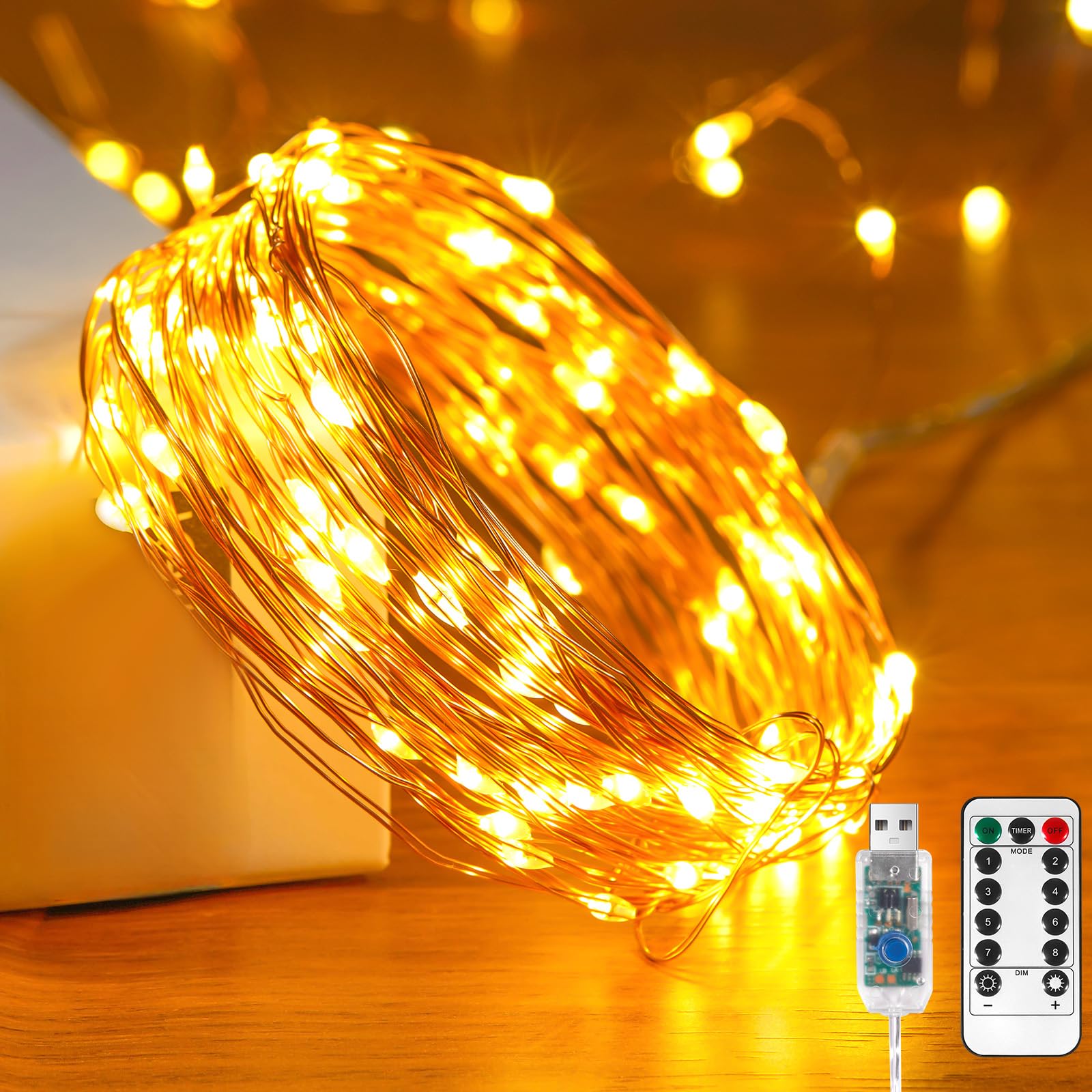 Ariceleo 2 Pack 65. 6 ft. USB Powered Fairy Lights with Remote & Timer  100 LED USB Twinkle String Lights - Silver Wire  8 Modes  Waterproof  Warm White Starry Lights for Party  Wedding  Christmas