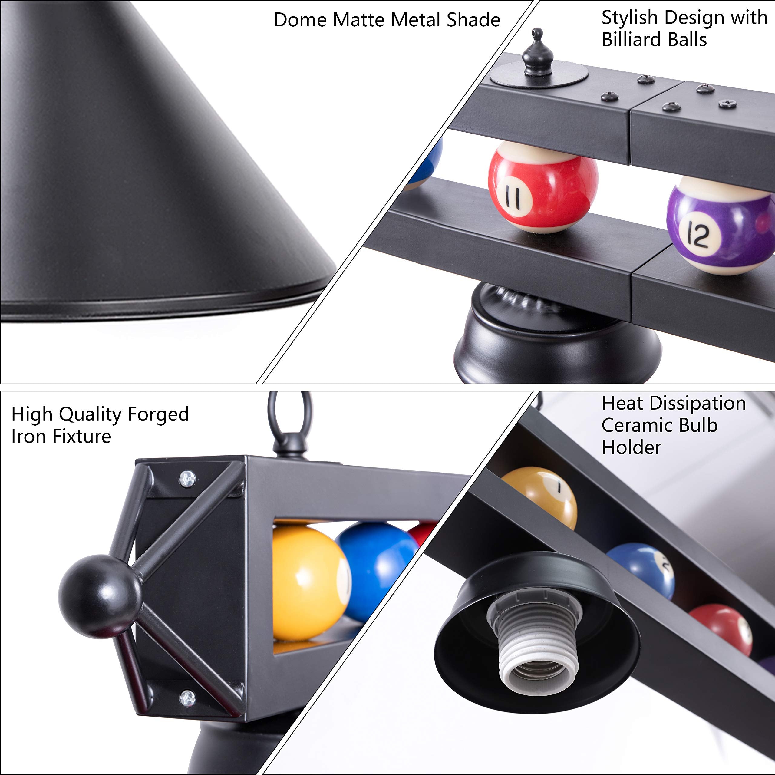 Wellmet 3 Light Billiard Pool Table Lighting Fixture, 59" Black Pendant Light for 7'-8' Tables, Modern Matte Metal Shade, Model CHL-002-light-Black