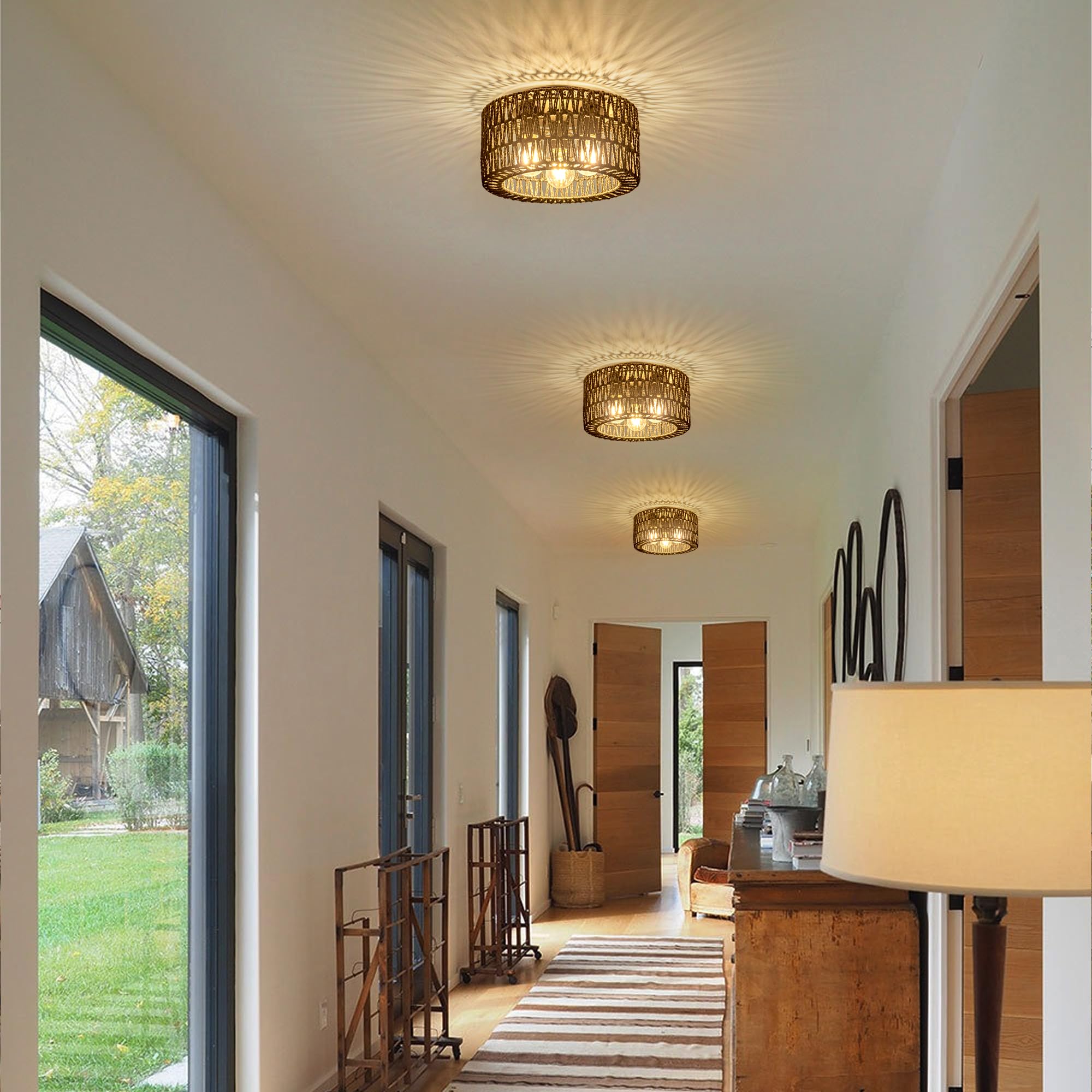 Rattan Ceiling Light Fixture, 3-Light Bohemian Modern Woven Ceiling Light, Black Boho Flush Mount Ceiling Light For Bedroom Livi