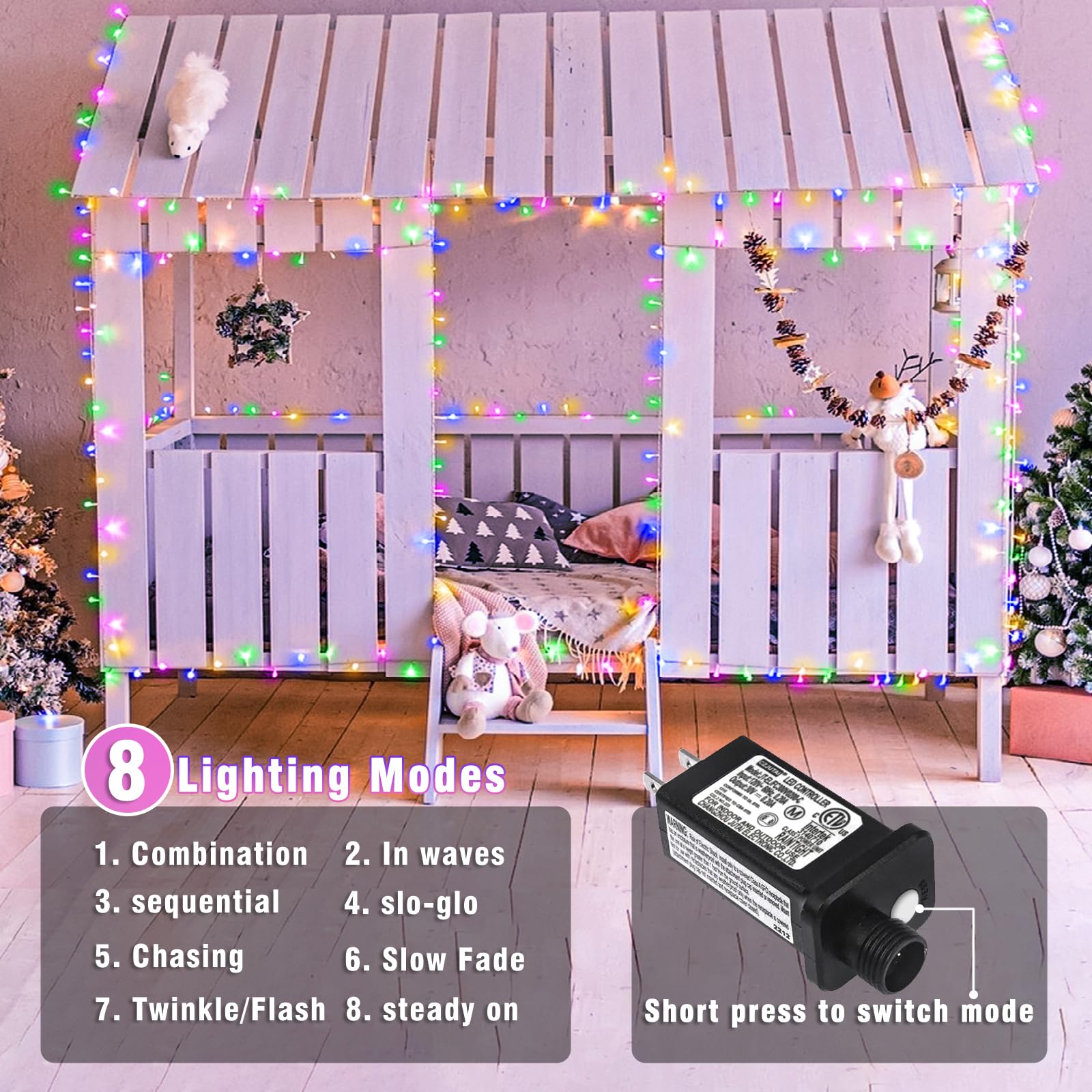 Nielfoi 66ft 200 LED String Lights, Twinkle Fairy Lights, Waterproof, 8 Modes, Pastel Multicolor, Model BG-CL3M3-306L01