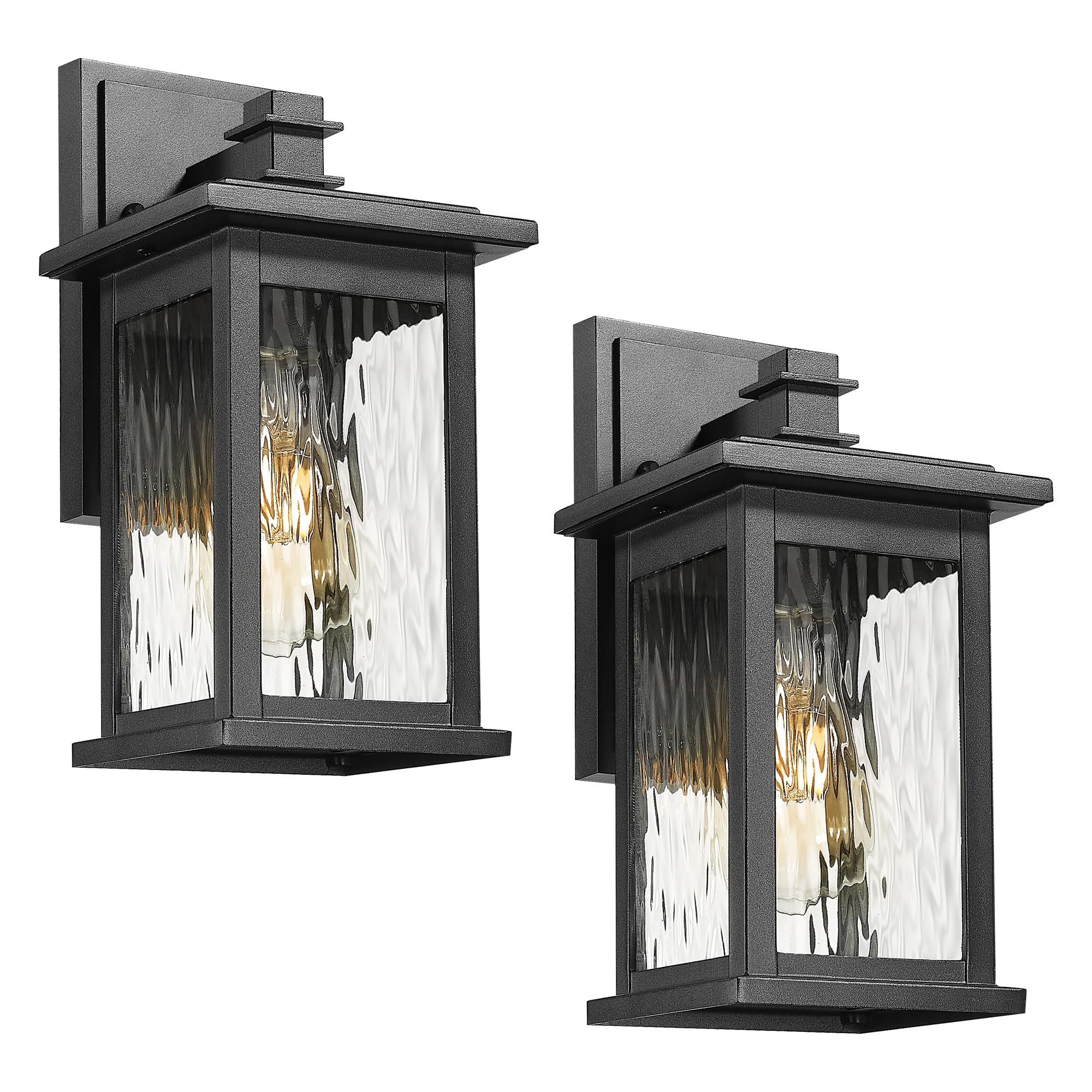 Emliviar 2-Pack Outdoor Wall Lights, 12 Inch Black Aluminum Fixture, Water Ripple Glass, Model 1803EW1-2PK-WP BK