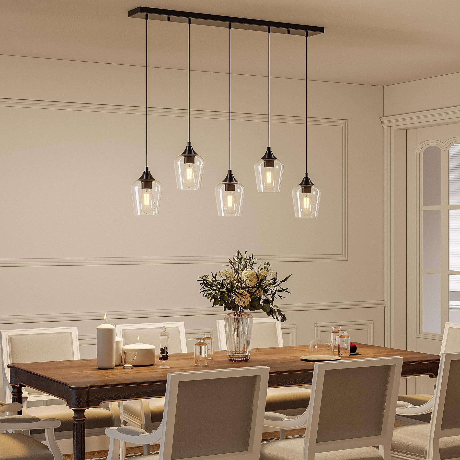 VONLUCE 5-Light Pendant Light Fixture, Modern Matte Black Metal with Wine Glass Shades, Adjustable Height 10"-55", ETL Certified