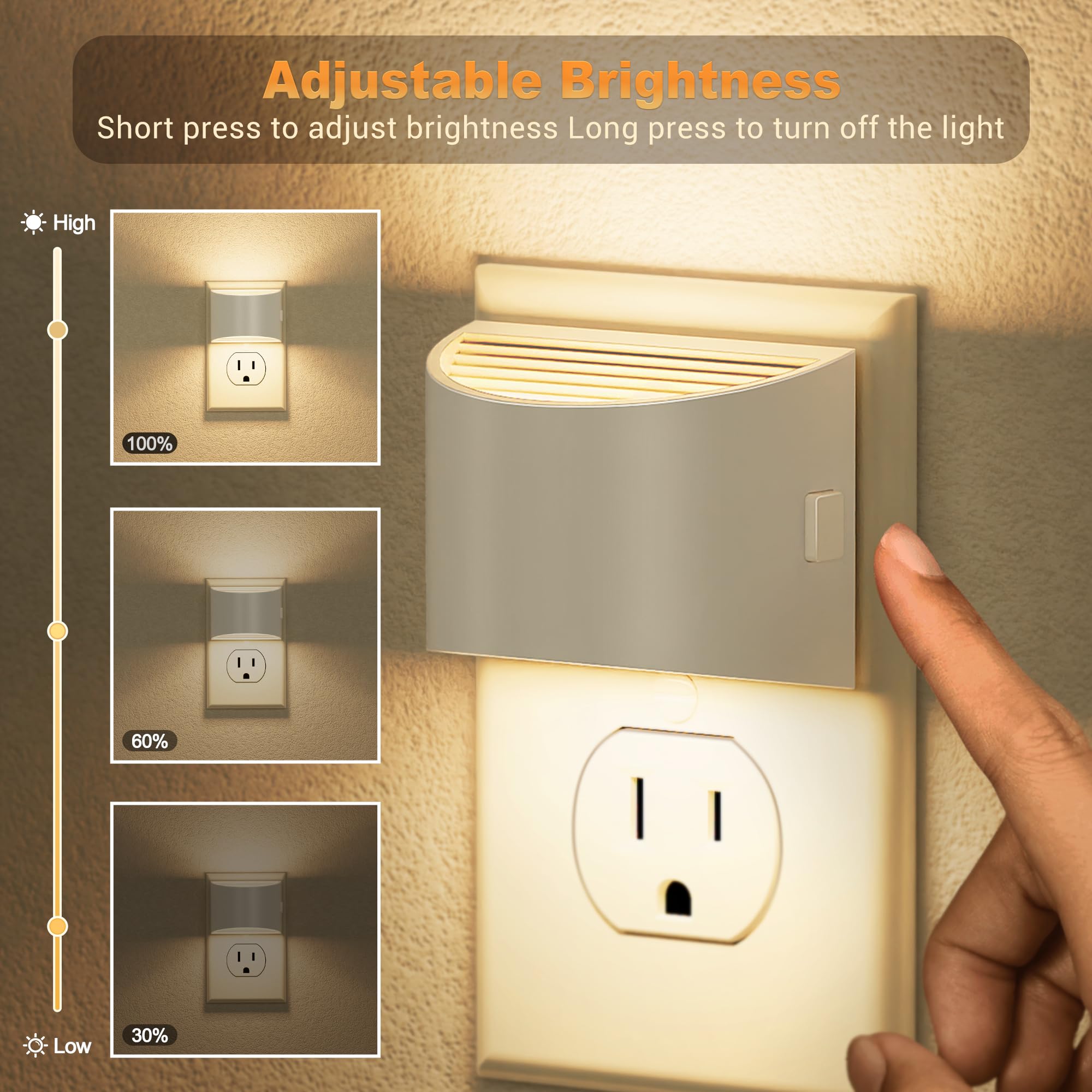 JandCase LED Night Lights 2 Pack, Dusk to Dawn Sensor, Brightness Adjustable, Electroplate White, Model C-GY10702WHUS-2