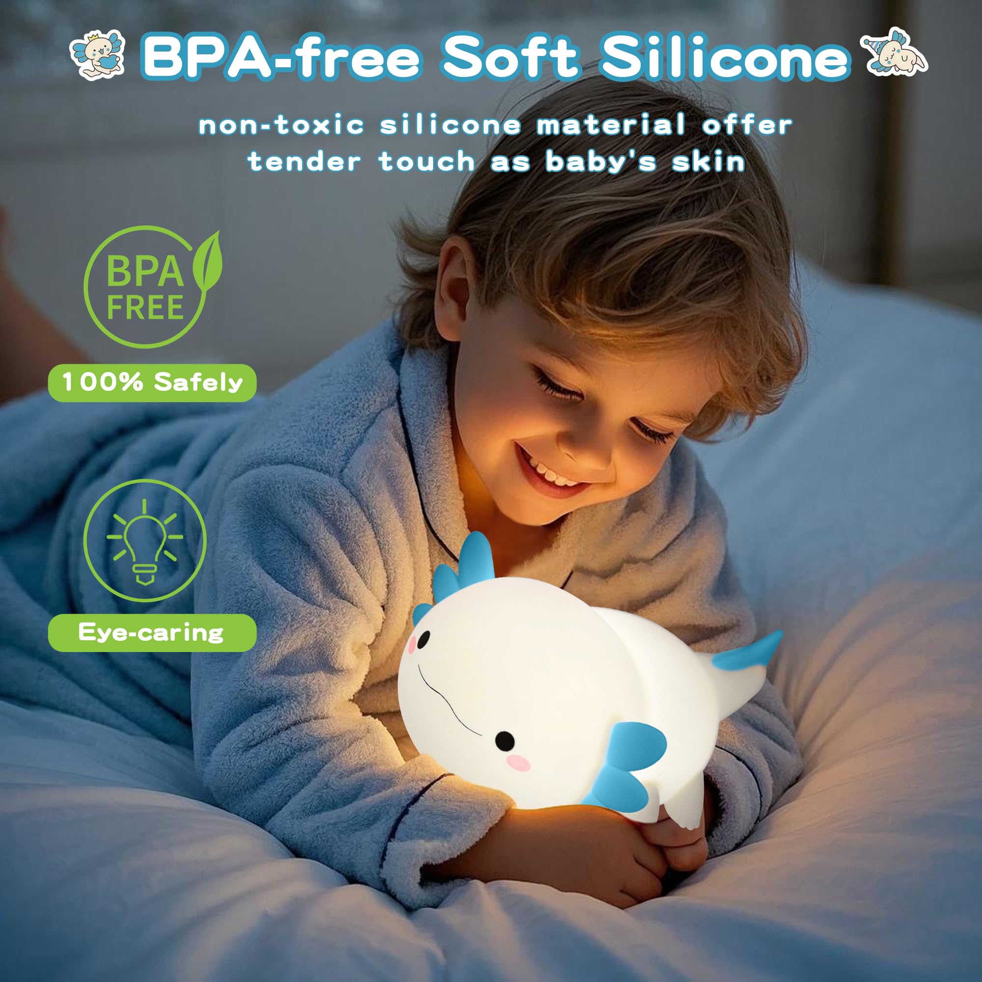 MOKYDUO Axolotl Night Light, Silicone, 2-Level Brightness, Touch Control, 20-Min Timer, Blue