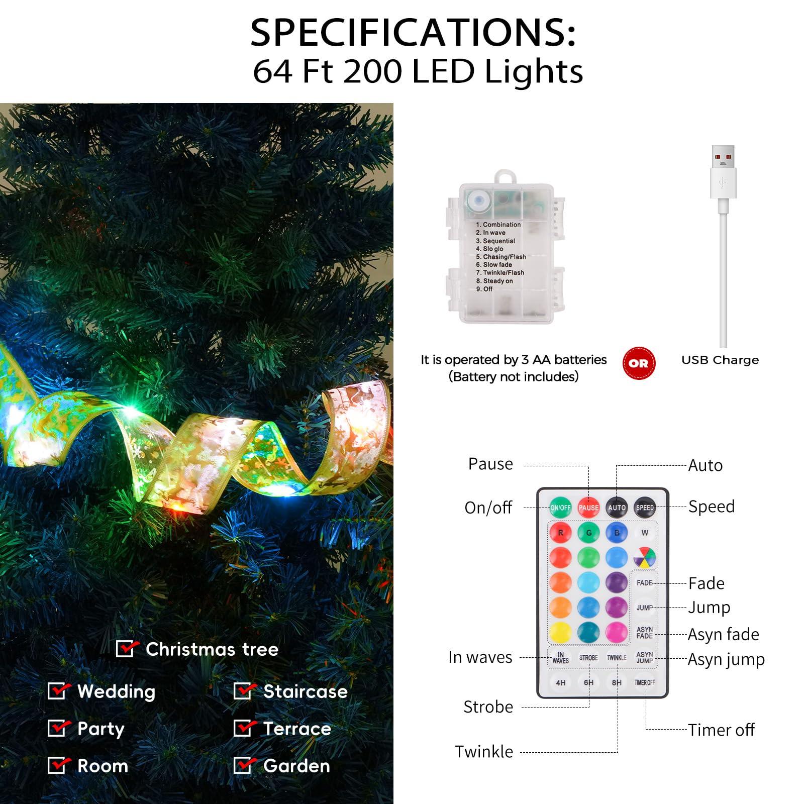 KPROE Christmas Tree Decorations, 64Ft 200 LED Christmas Tree 16- Color Changing Ribbon Lights with 8 Lighting Modes, Battery Op