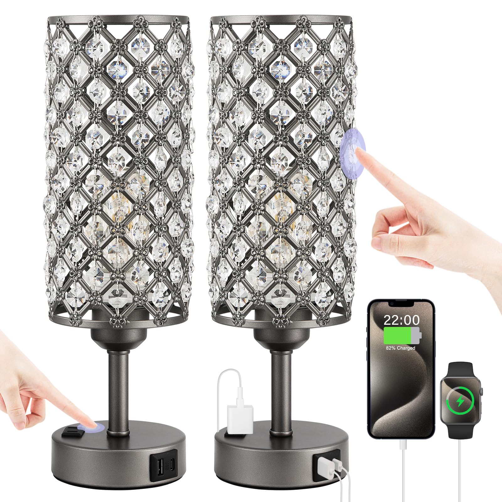 Hong-in Gray Crystal Lamp Touch Control Set of 2  Crystal Table Lamps with USB C+A Ports & AC Outlet  3-Way Dimmable Nightstand Touch Lamp  Modern Bedside Table Lamp for Bedroom(Bulbs Included)