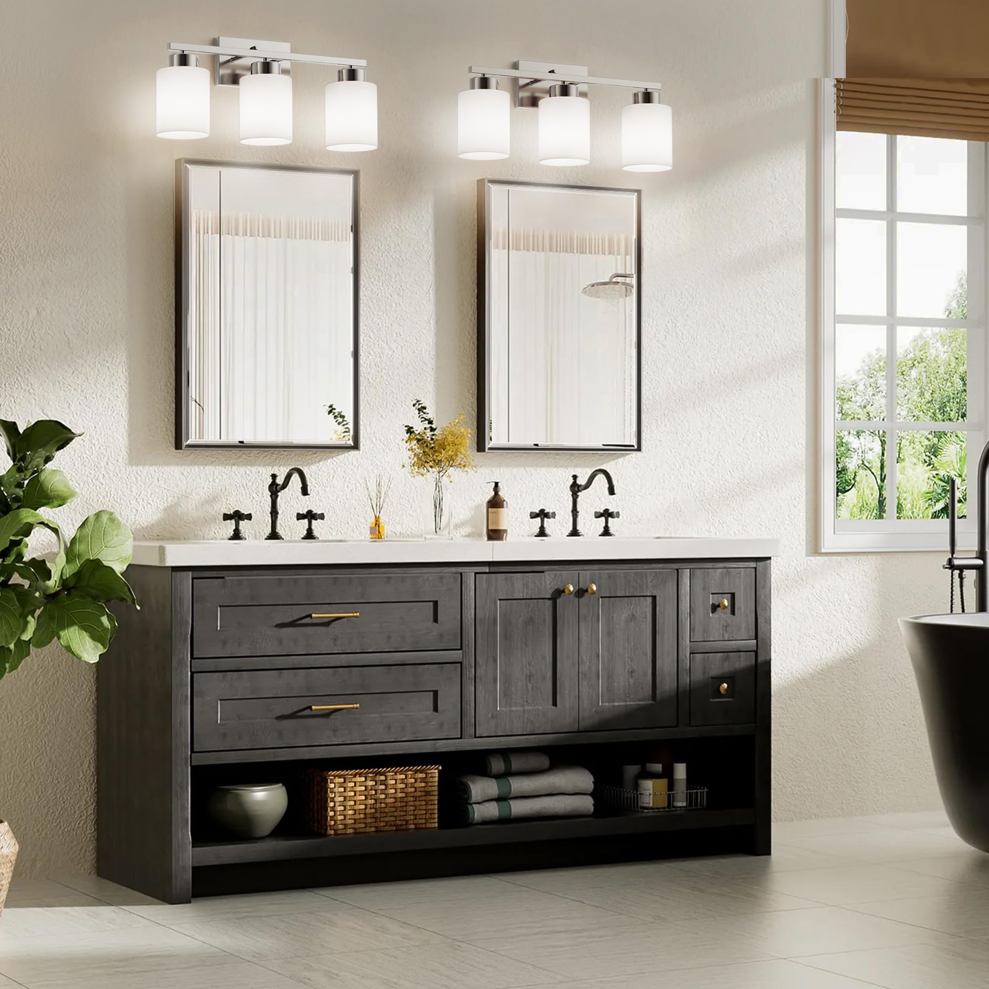 Partphoner 3-Light Brushed Nickel Bathroom Light Fixtures  Modern Vanity Light Over Mirror Lighting  Wall Sconce With Frosted Milky White Glass Shades For Bedroom Living Room Kitchen Hallway