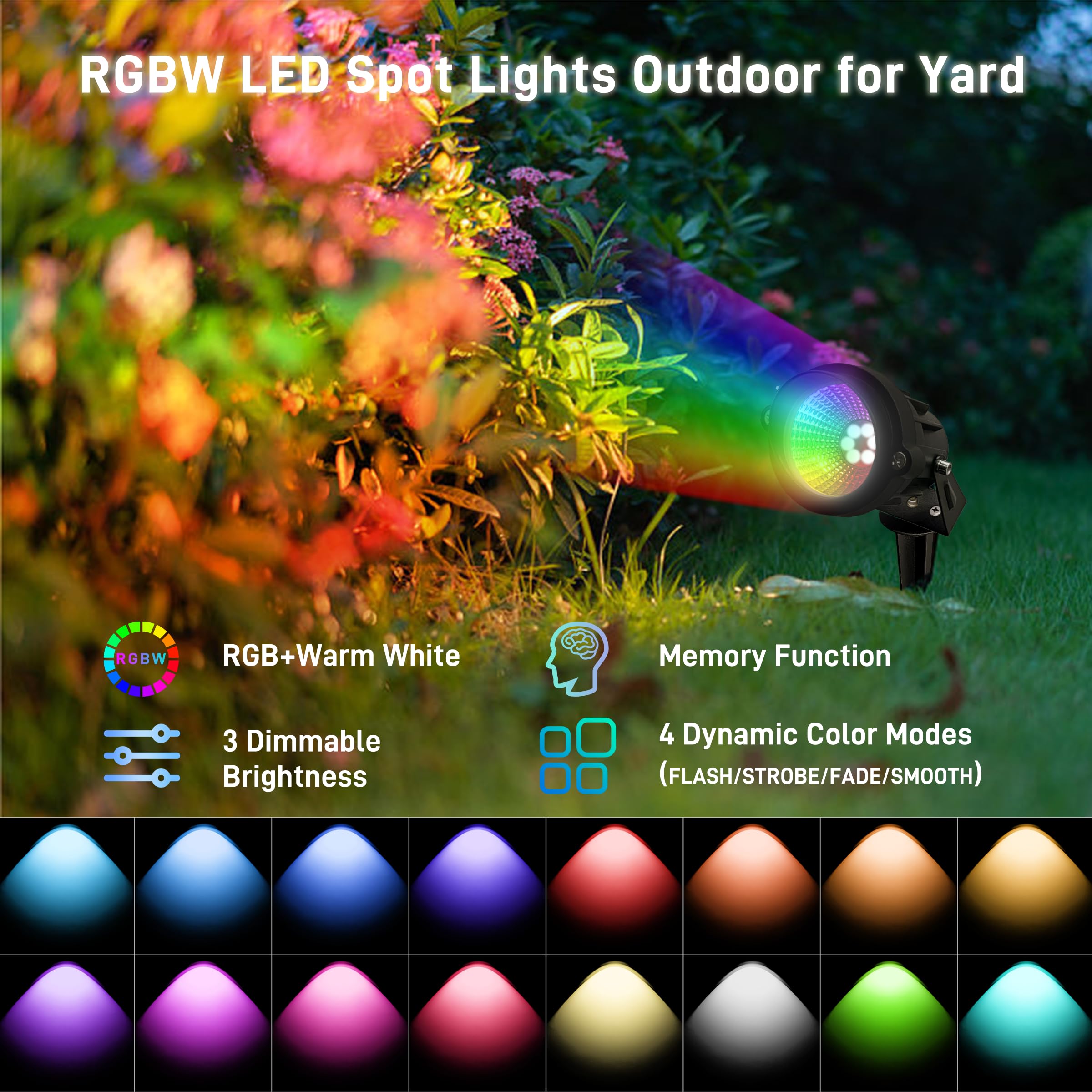 UPONELED RGBW Christmas Landscape Lights, 12W Outdoor Spotlights, IP65 Waterproof, 2 Pack, Black, Low Voltage with Remote Control
