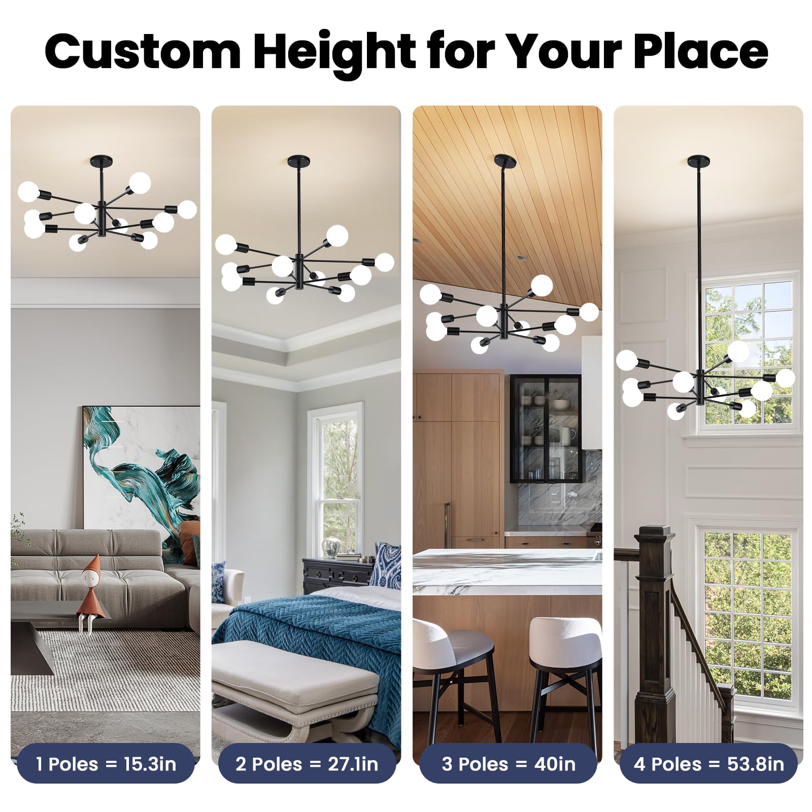 RUIYEY Modern Sputnik 10-Light Chandelier, Adjustable Black Ceiling Fixture for Dining Room, Kitchen Island, Living Room