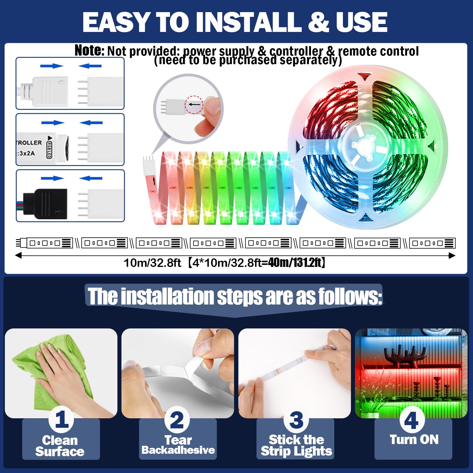 131.2Ft Led Strip Lights(4 Rolls Of 32.8Ft),480Leds 5050 Rgb Color Changing Led Light Strips With 4-Pin Connector,Self-Adhesive
