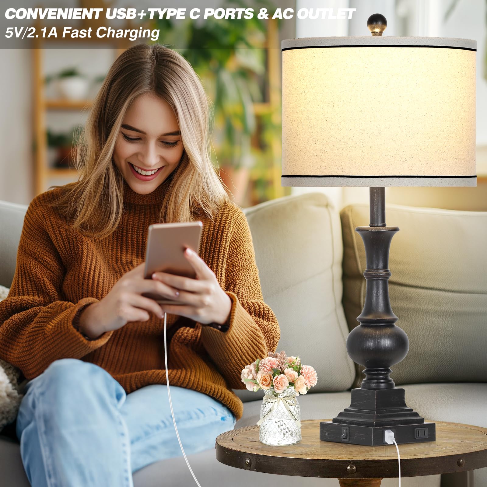 Farmhouse Lamps Set Of 2, Antique Vintage Rustic Touch Control Table Lamps With Usb A+C Ports & Ac Outlet, Retro Classic Bedside