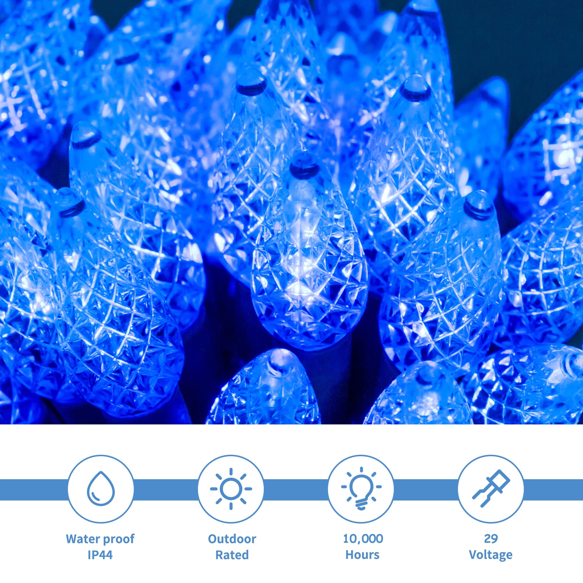 WATERGLIDE 33ft 100 LED Christmas Lights, Blue Faceted Fairy Lights with Green Wire, Waterproof for Indoor Outdoor Decor