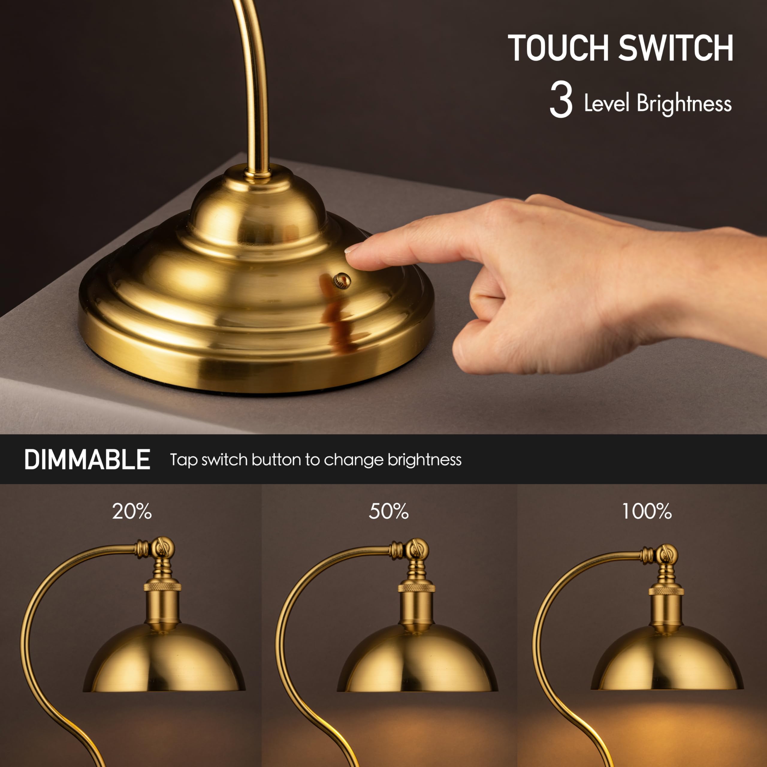 O'Bright Cordless LED Table Lamp - Rechargeable, 3-Level Dimming, Antique Brass, Model OB-TL23B, 180° Swivel Head
