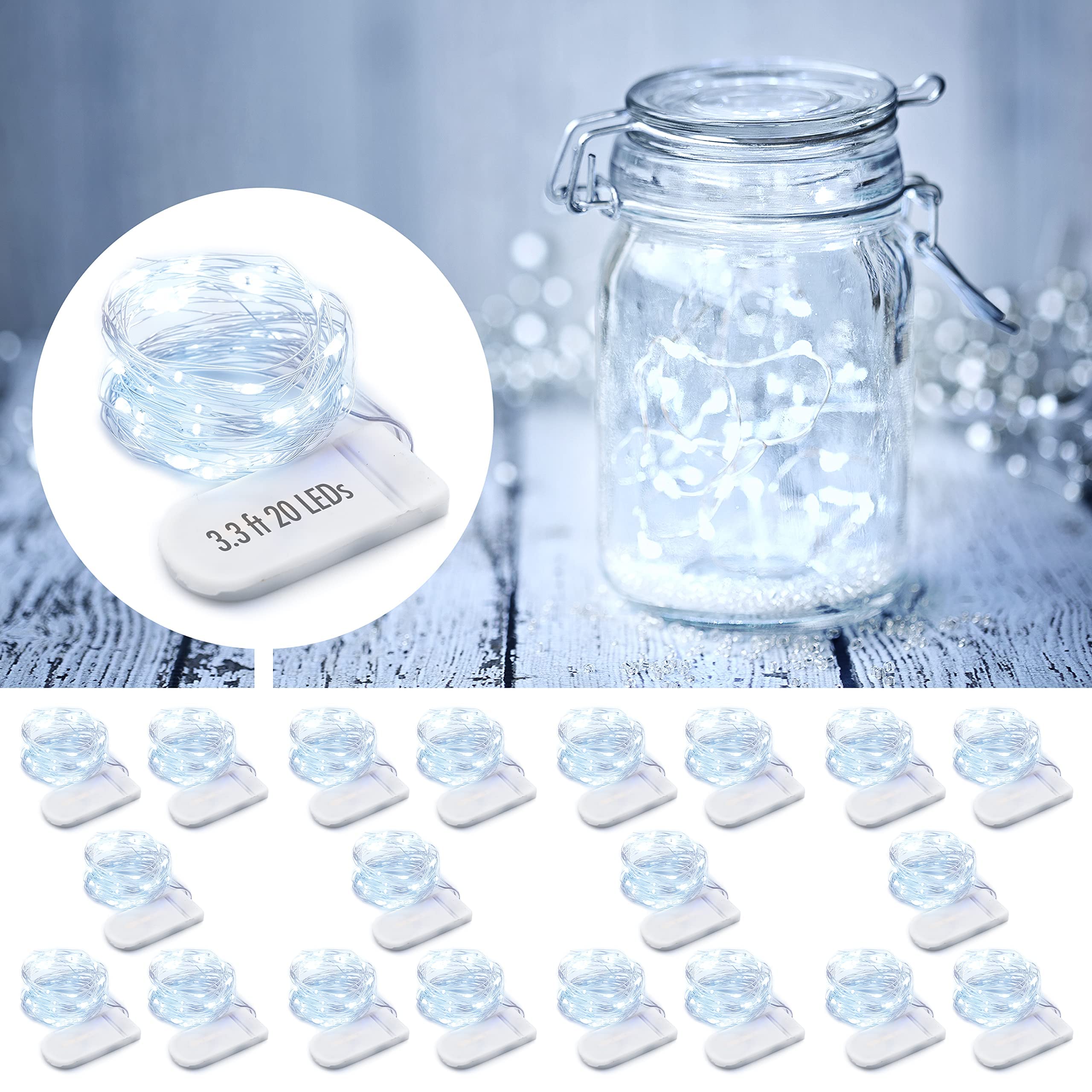 MUMUXI 20 Pack Fairy Lights, 3.3ft Battery Operated Mini LED, Waterproof Silver Wire, Cool White for Home, Party, Wedding Decorations