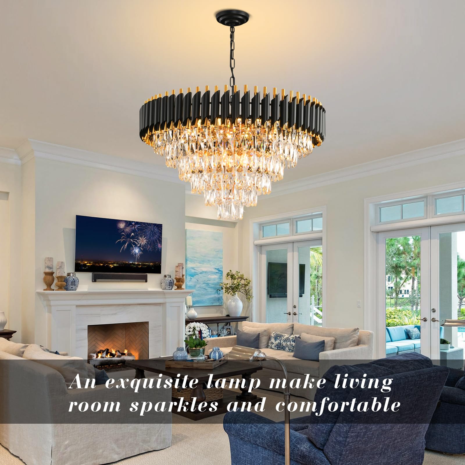 AKDXIRUN Modern Crystal Chandelier 15-Light Round Pendant Light W29” Black and Gold for Dining Room, Foyer, Staircase - Model XR00165