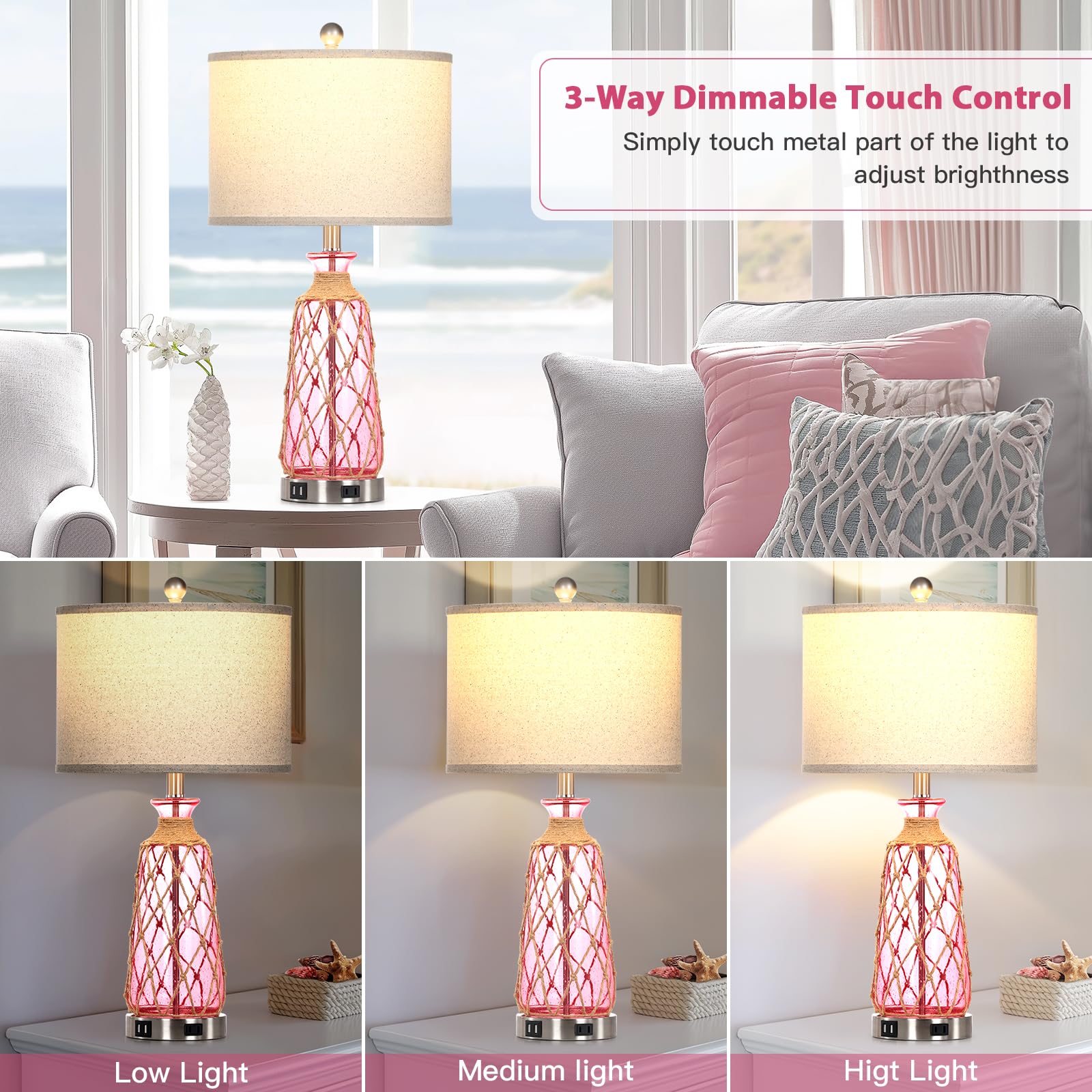 Ruzectt Table Lamps Set of 2, 25.5in Glass, 3-Way Dimmable Touch Control, Pink, USB Ports & AC Outlet, LED Bulbs Included