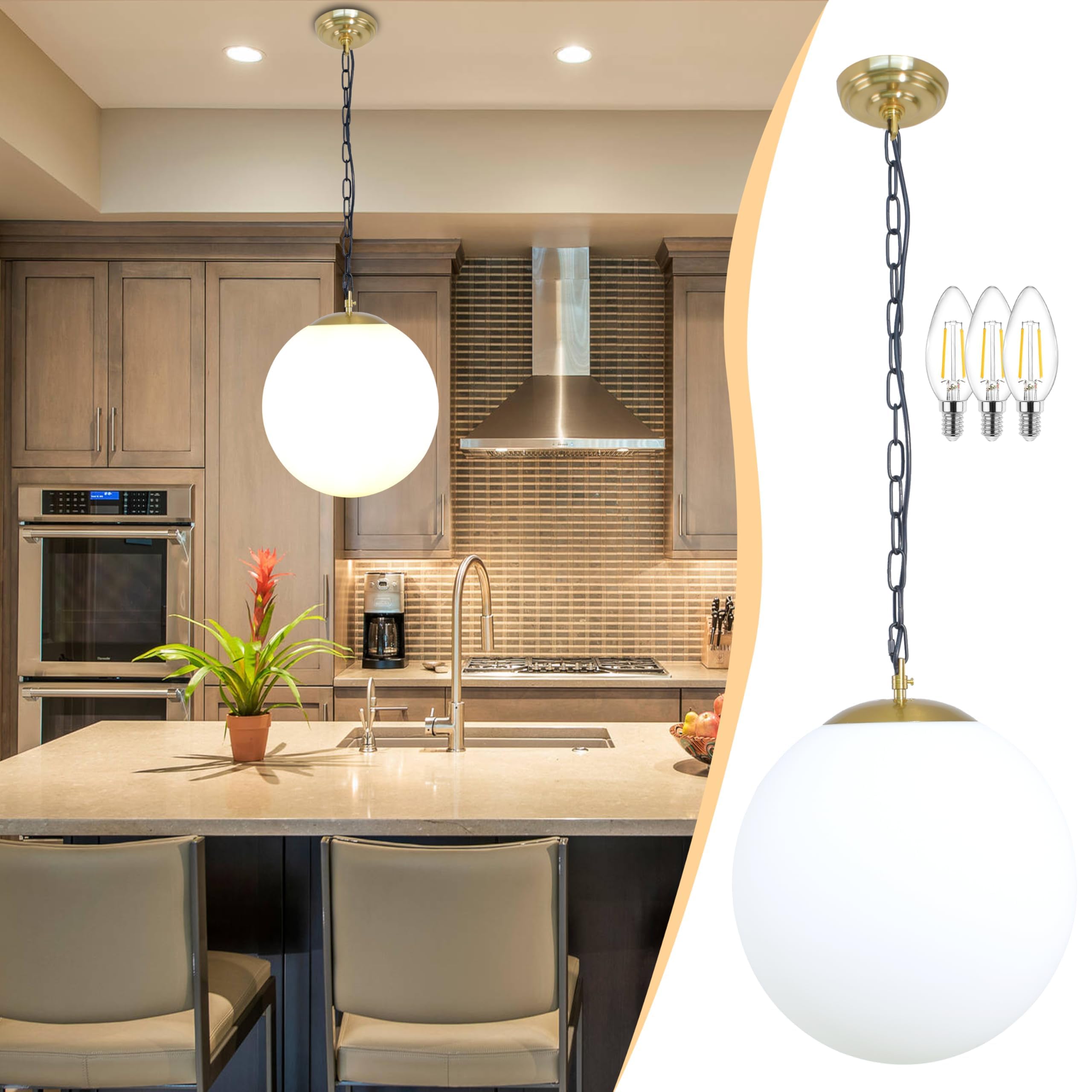 Koko&Yukina 13.7&quot; Gold Globe Pendant Light, Opal & Brass Adjustable Fixture For Dining Room