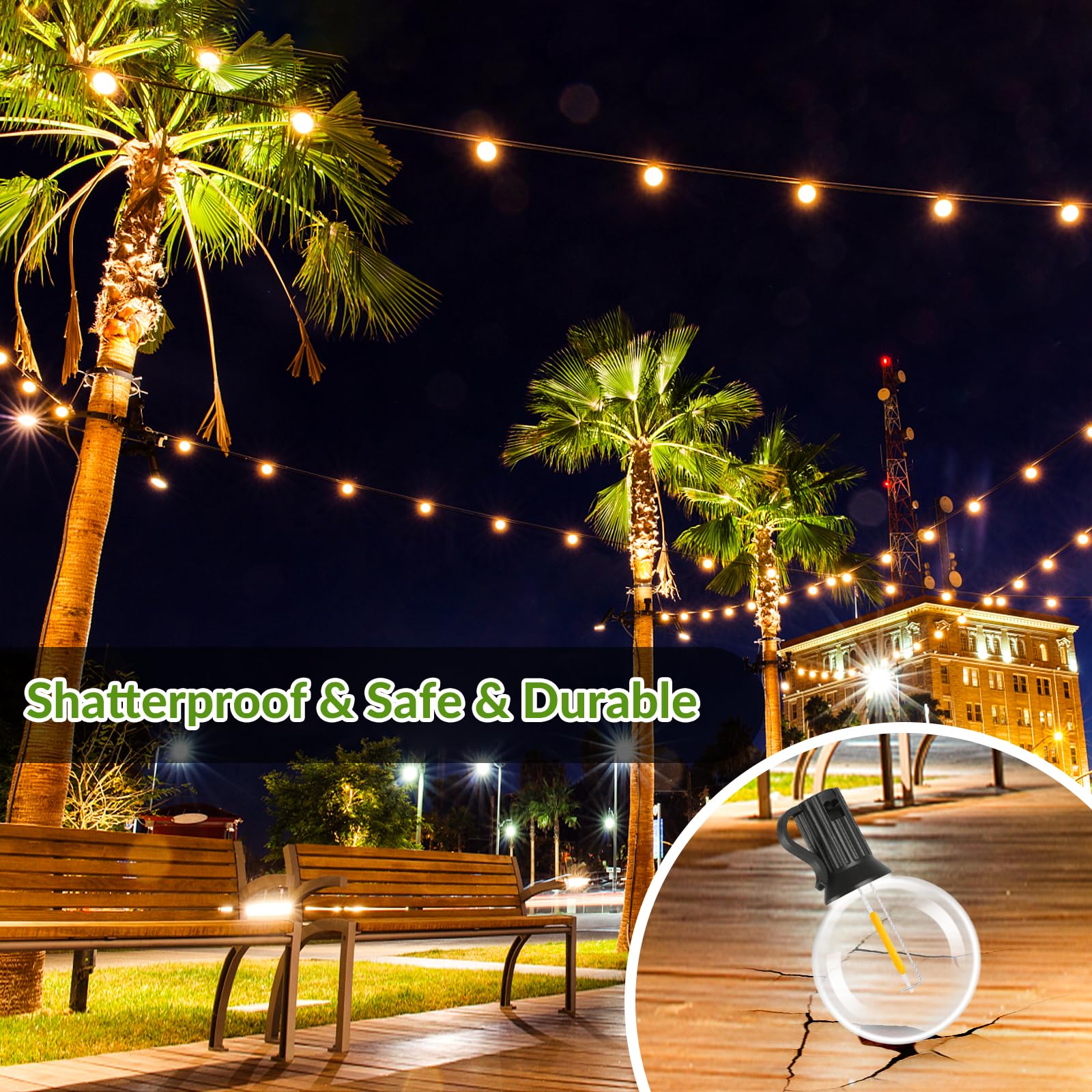 Lakumu Solar String Lights, 50FT G40 Globe LED, Waterproof, 2700K, Black, 27 Shatterproof Bulbs, Model GLS-18J2P-G40-