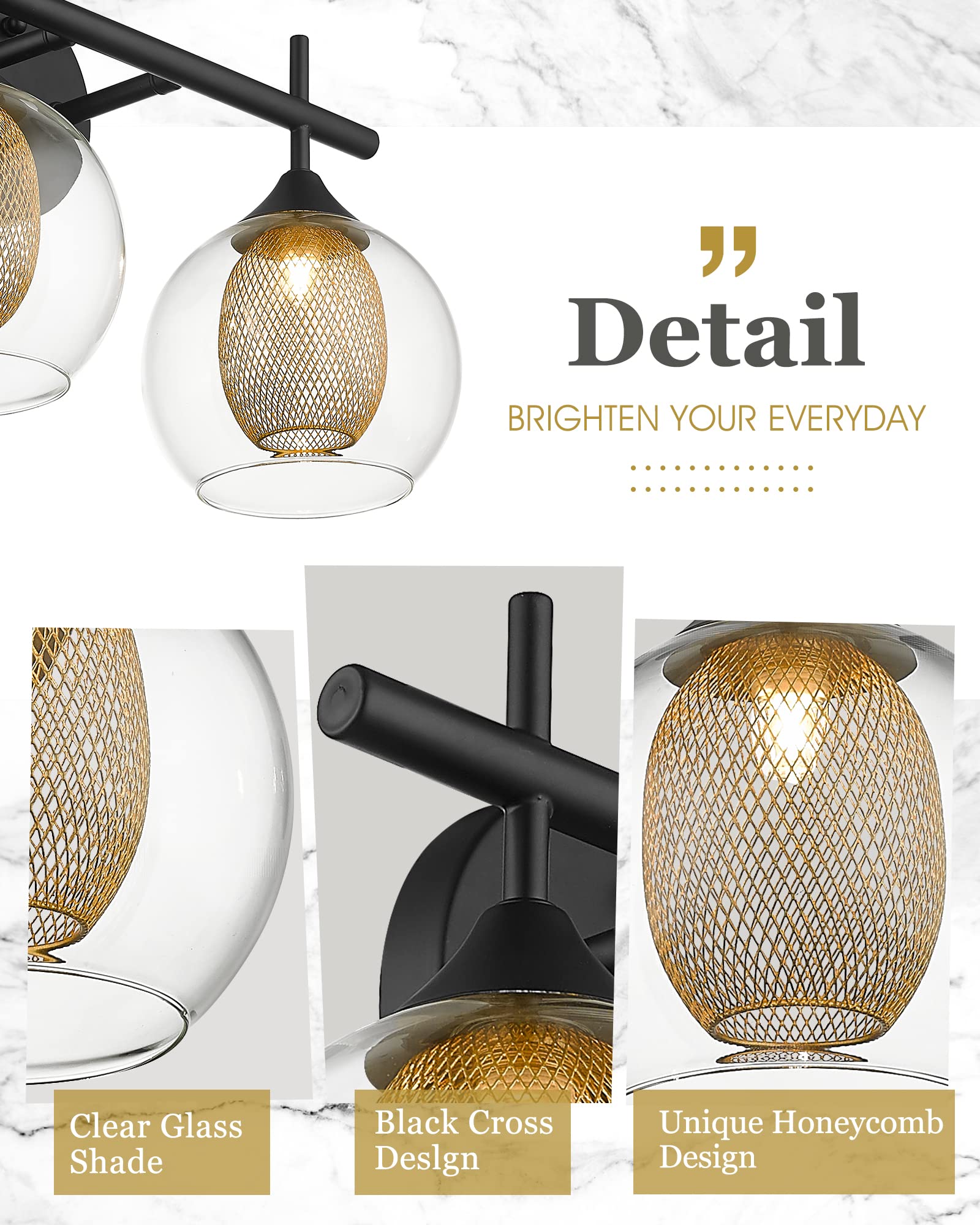 Audickic Black And Gold Bathroom Light Fixture, Farmhouse Wall Sconce Lighting With Clear Glass And Honeycomb Metal Shade, 2-Lig