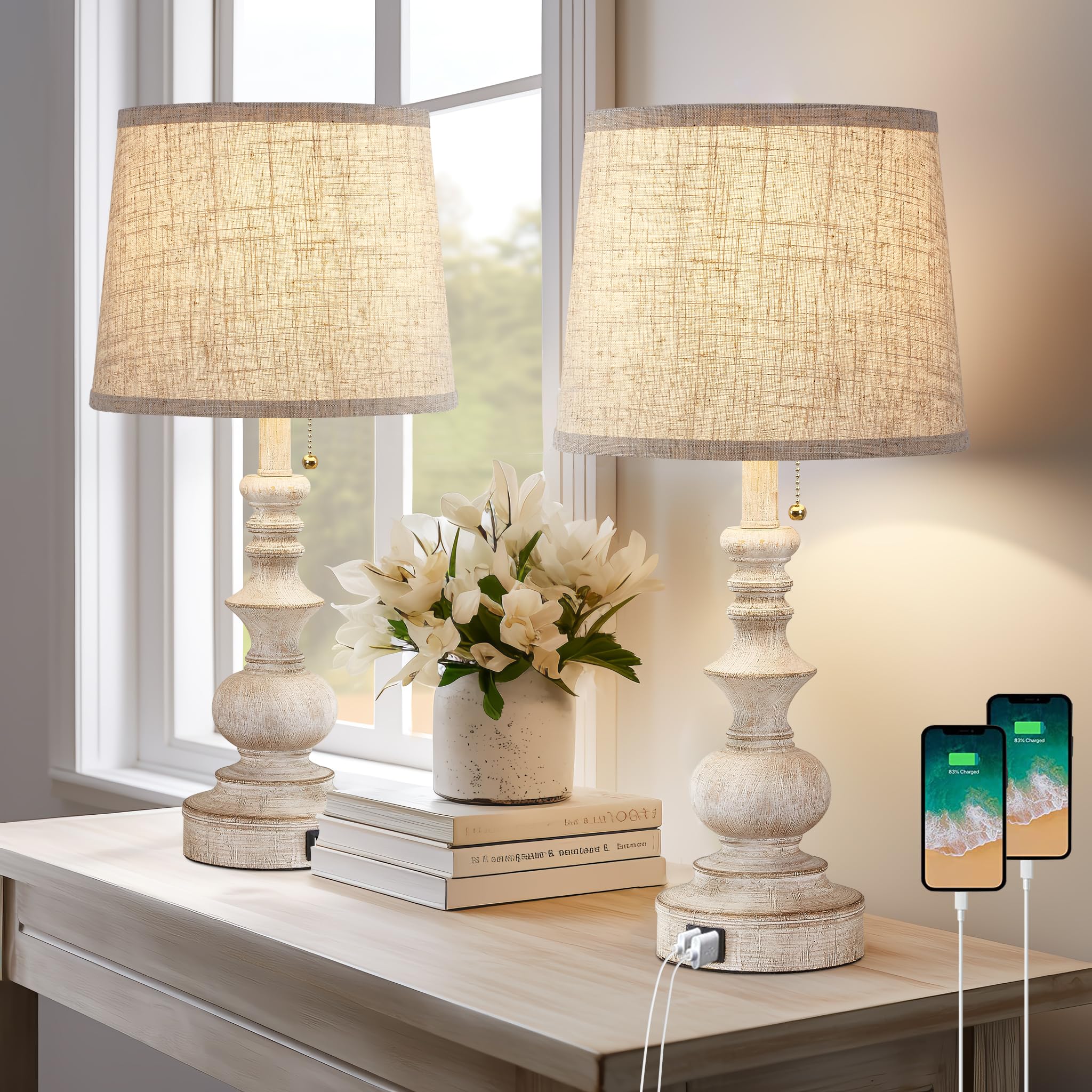 Drawealth Table Lamps for Bedrooms Set of 2 Farmhouse Bedside Lamps for Nightstand with USB Charging Ports Traditional Side Tabl