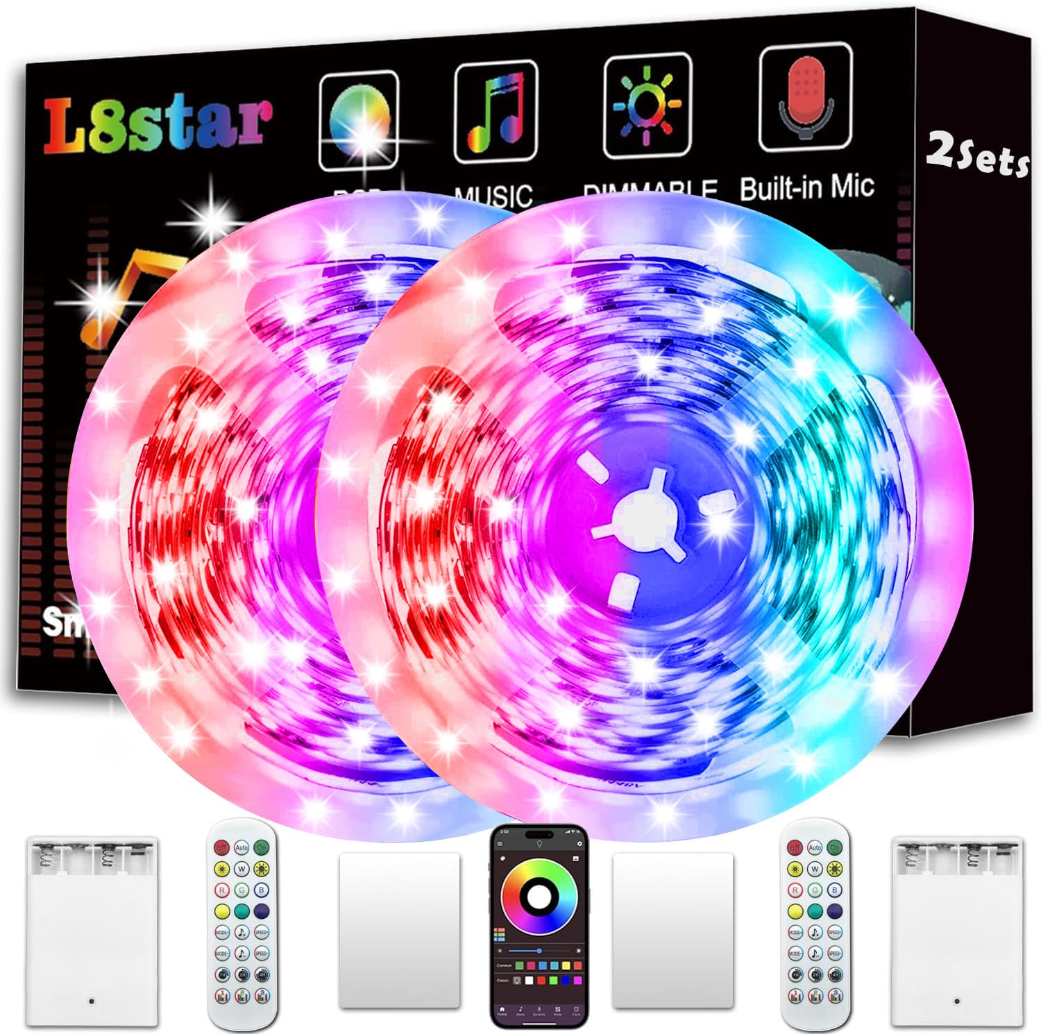L8star Battery Powered Led Band Lights  2x16.4Ft (32.8Ft) Two Sets of Band Light with 4 AA Battery Box/USB RGB LED Lights  Remote and APP Control