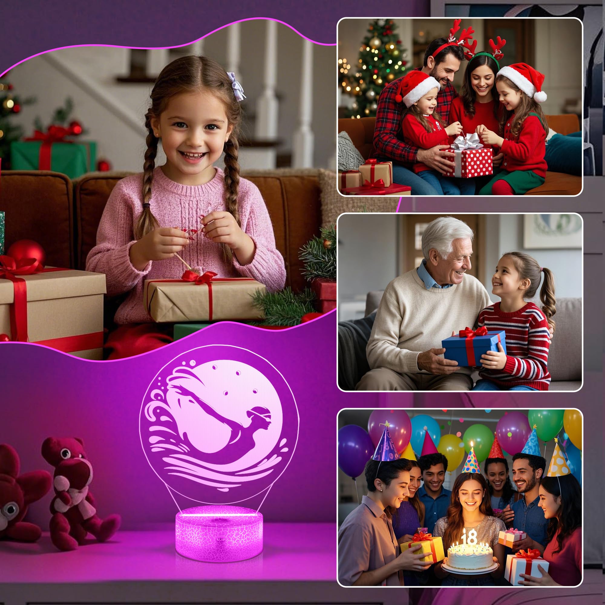 OkiyiD Swimming Gifts for Girls Women, 3D Illusion Lamp Swimming Night Light with 16 Colors Changing Remote Control, Swim Gifts