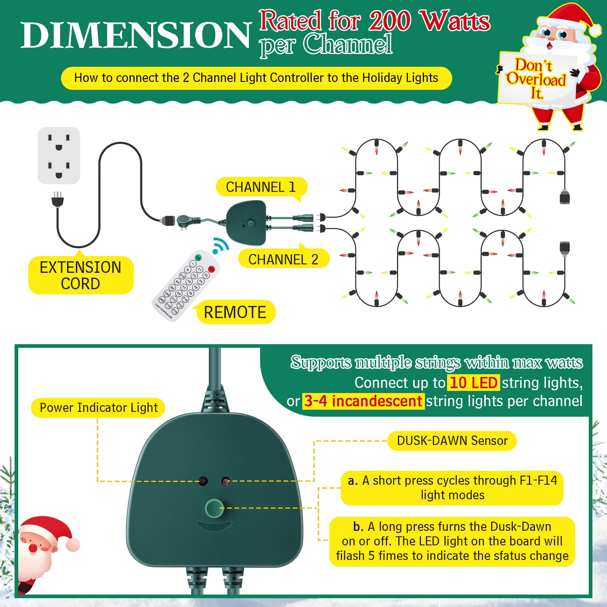 Gulfmew Christmas Light Controller, 2 Channel, 14 Functions, Remote, Dusk to Dawn Sensor, Green, Model TD-Gulfmew-1065