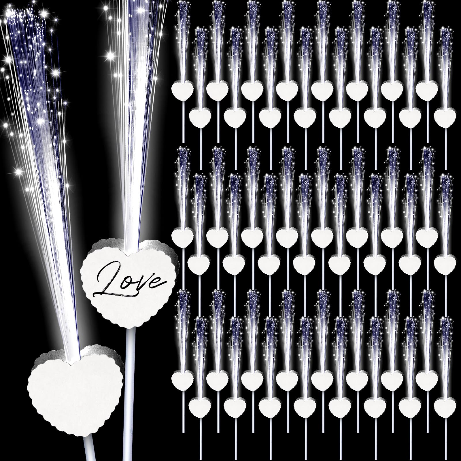 100 Pcs LED Wedding Sparklers Glow Sticks Heart Shape Long Fiber Optic Wands with 3 Light Modes for Send Off Reception Valentine