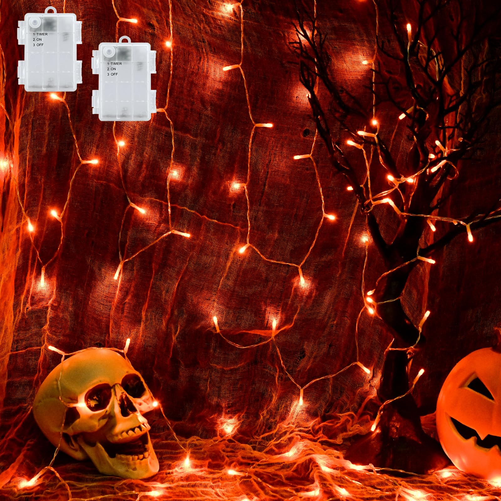 cshare Halloween String Lights Battery Operated with Timer - 9.8ft 30LED Orange Waterproof Lights for Outside Decorations, Party