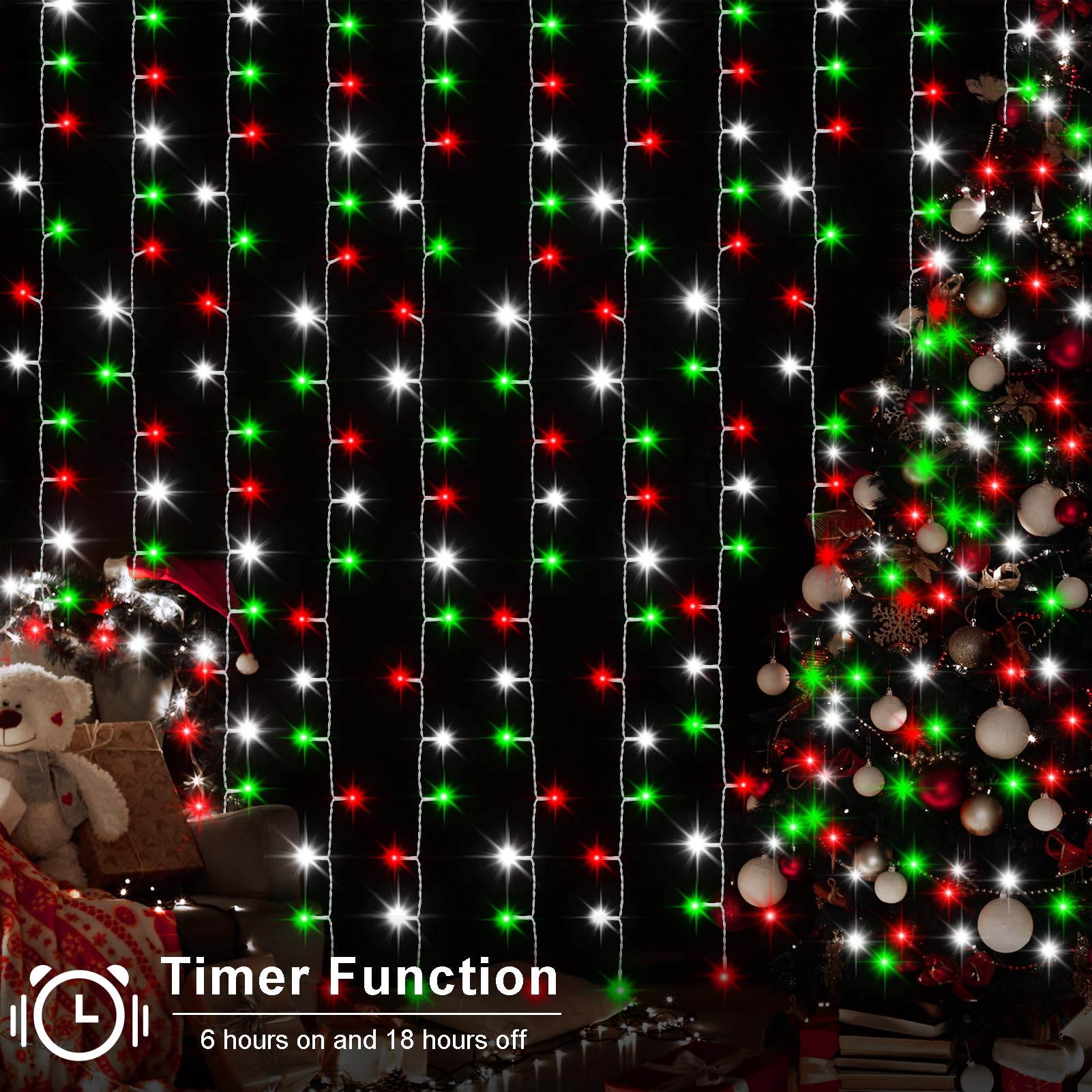 Echosari Red White And Green Christmas Curtain Lights Battery Operated, 300 Led Fairy Curtain Lights 9.8Ft X 9.8Ft Hanging Lights With Remote Timer For Party Holiday Garden Yard Decor