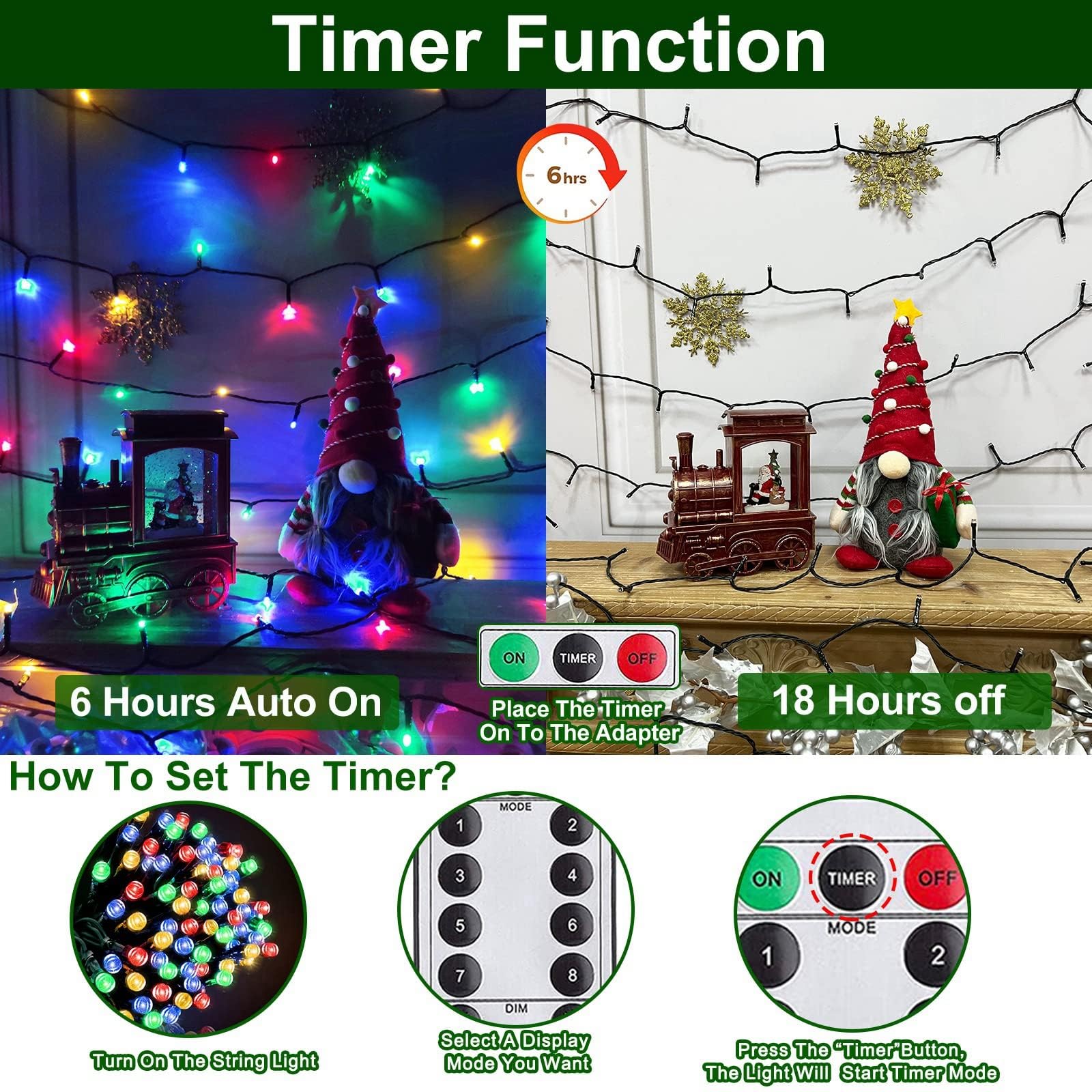 Turnmeon Christmas Decoration Colorful Fairy Lights Battery Operated, Green Wire Mini Light With Waterproof,Timer,Remote Control
