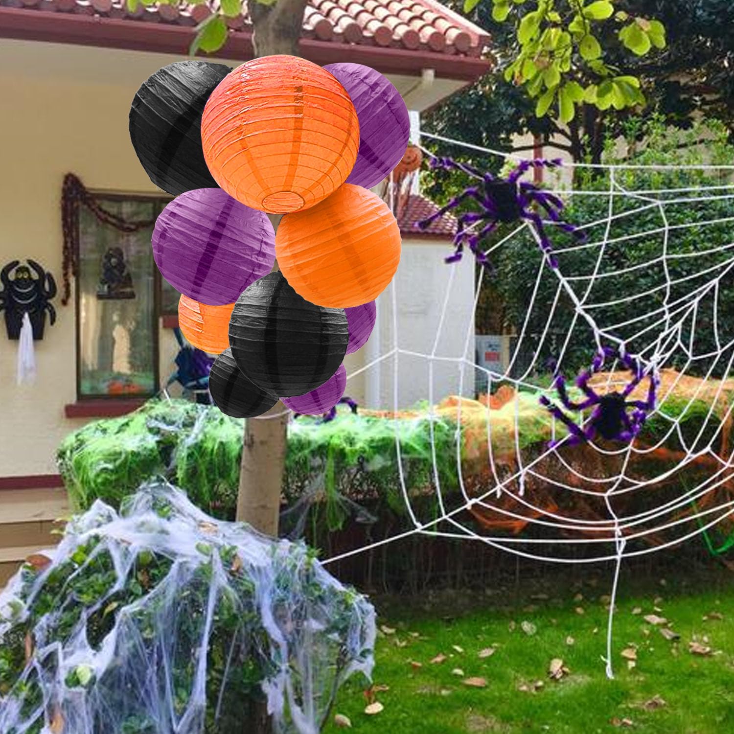 Pheila 12 Pcs Halloween Paper Lanterns - Orange, Black, Purple Party Decorations For Indoor/Outdoor