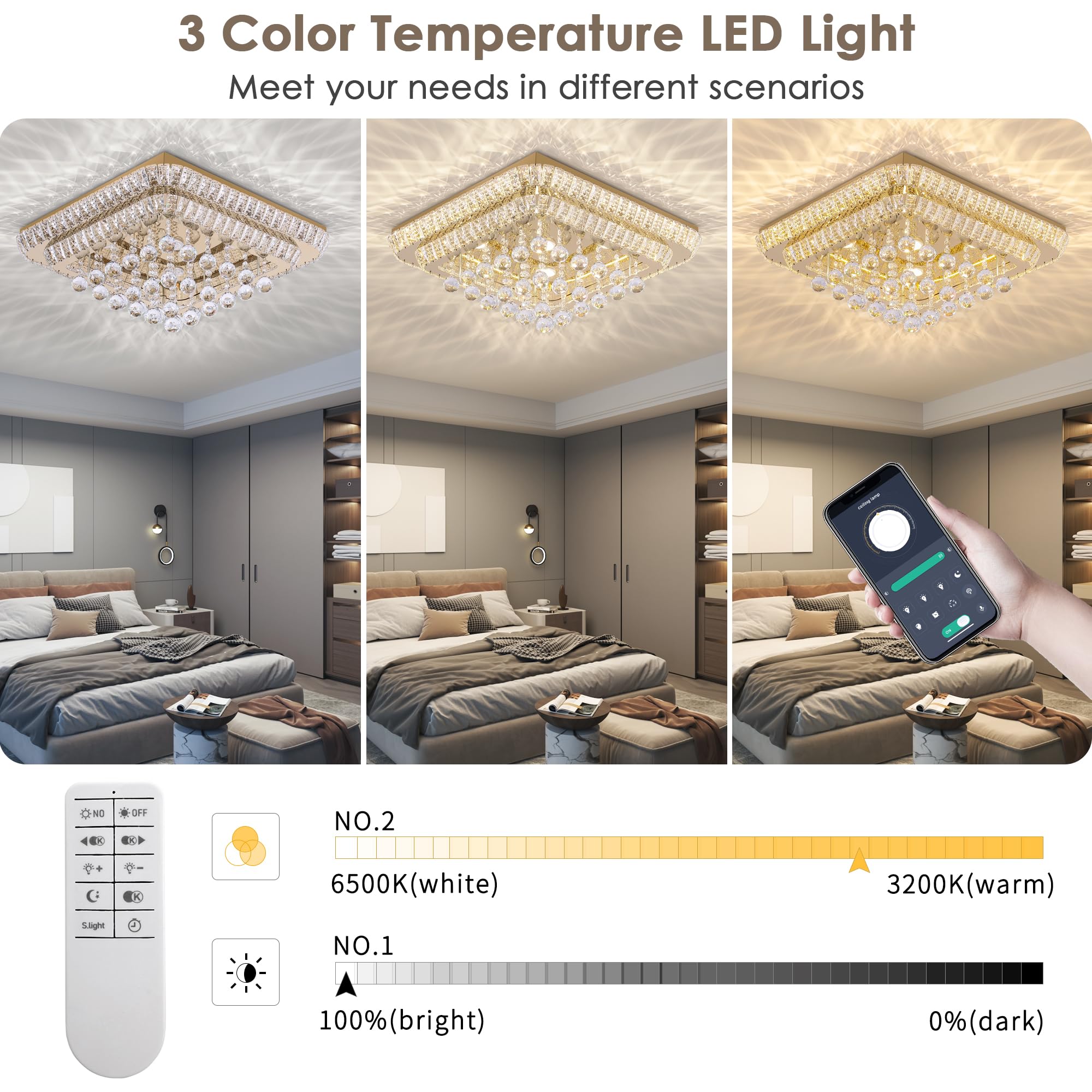 REDSTAR 24" Gold Crystal Ceiling Light Flush Mount, Remote & APP Control, Adjustable Brightness & Color Temp, Model A228-24-GD
