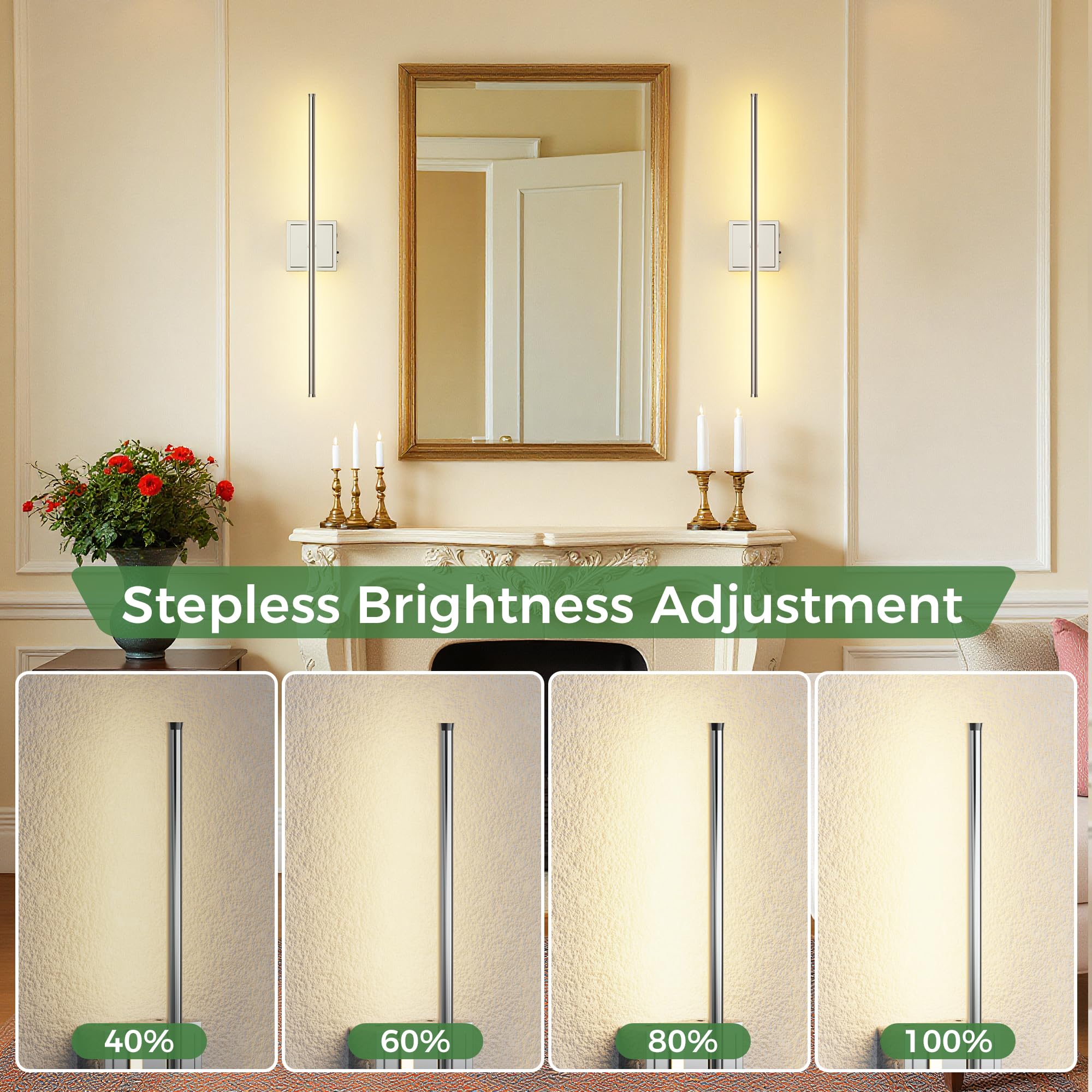 DORESshop Battery Operated Wall Sconces Set of 2, Dimmable Chrome Lights, 28.1 Inch Wireless Sconces with Remote Control