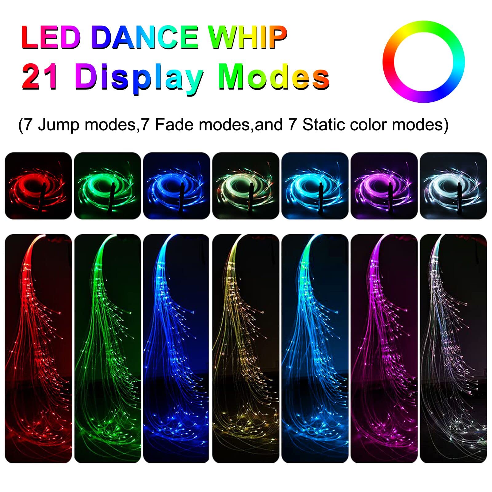LQMEILI 6ft Rechargeable Dance Whip - LED Fiber Optic Whip with 7 Colors & 4 Modes, Perfect for Parties & Gifts, Medium Size, Multicolor
