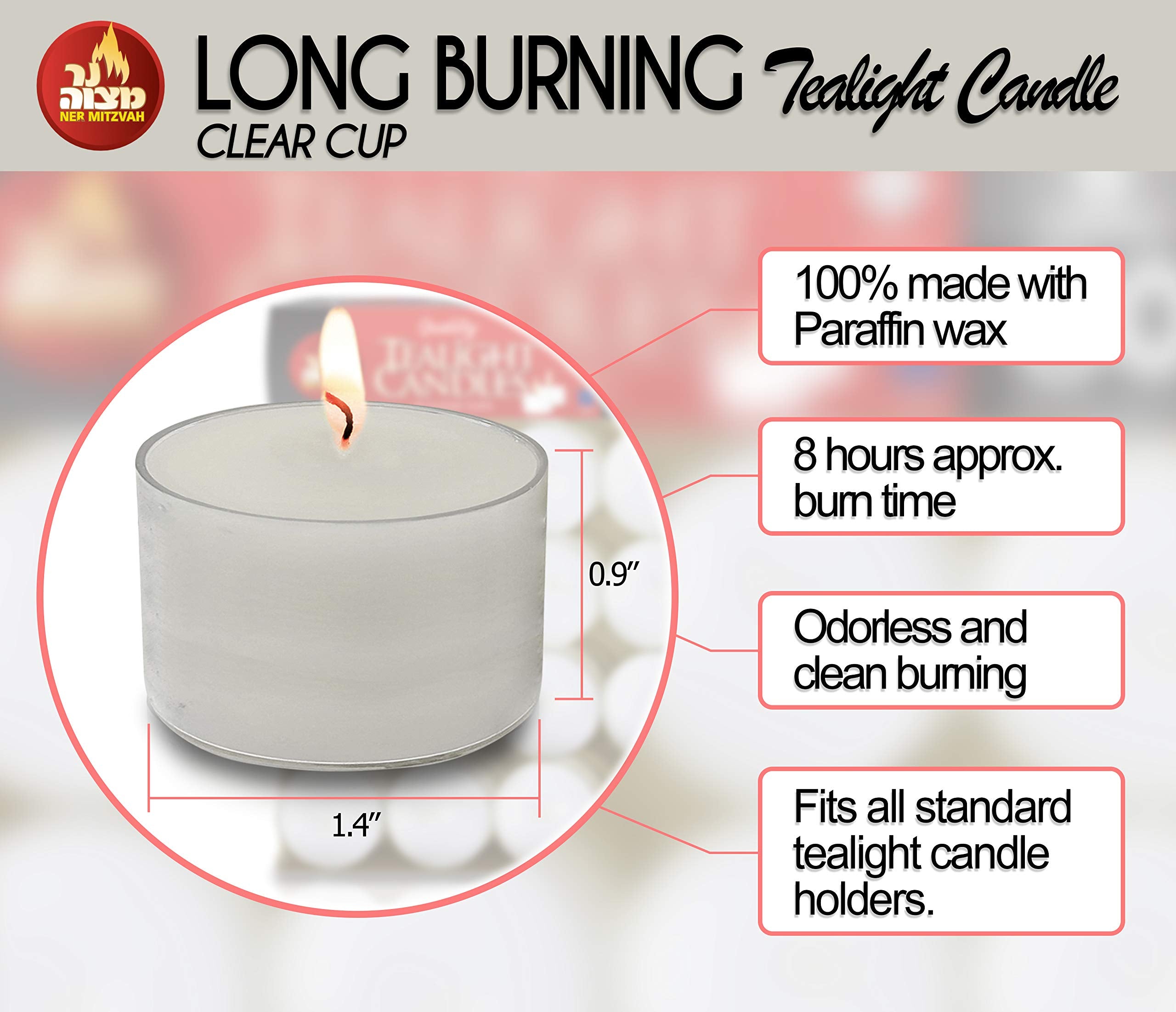 Ner Mitzvah Long Burning Tealight Candles - 8 Hours - White In Clear Cups - Unscented - 40 Pack - Made In Eu