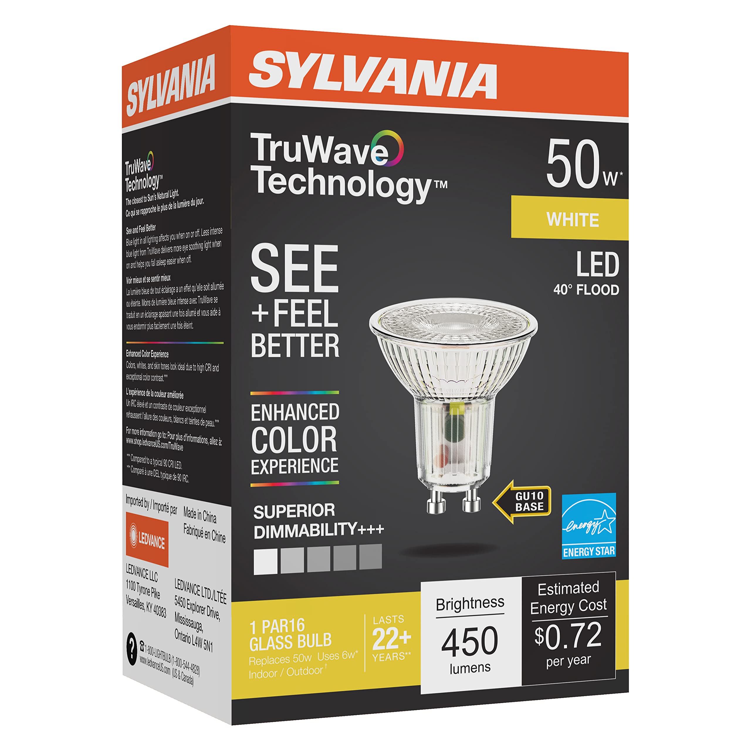 Sylvania Truwave Par16 Led Light Bulb, 50W = 6W, Gu10 Bi-Pin Base, Dimmable, 3000K, White - 1 Pack (40932)