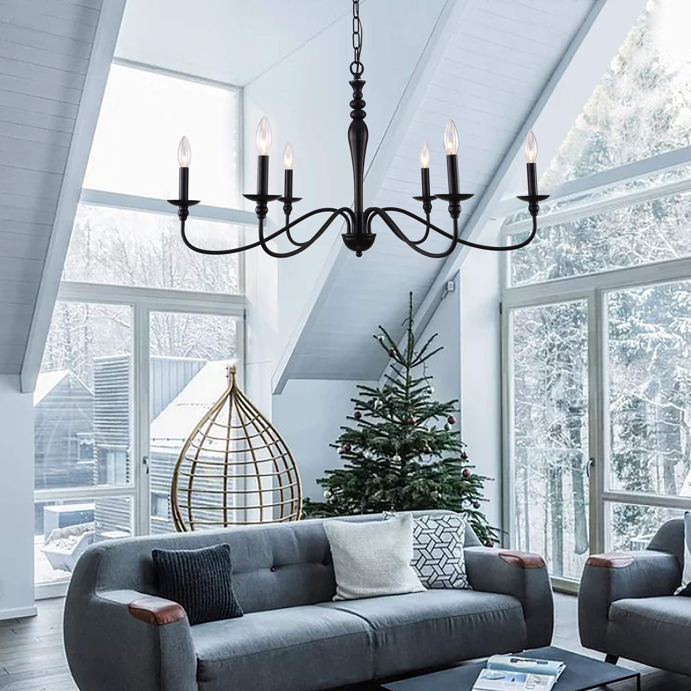 PAPAYA Farmhouse Chandelier 6-Light Black Industrial Classic Candle Ceiling Rustic Pendant Lights Fixture for Dining Living Room