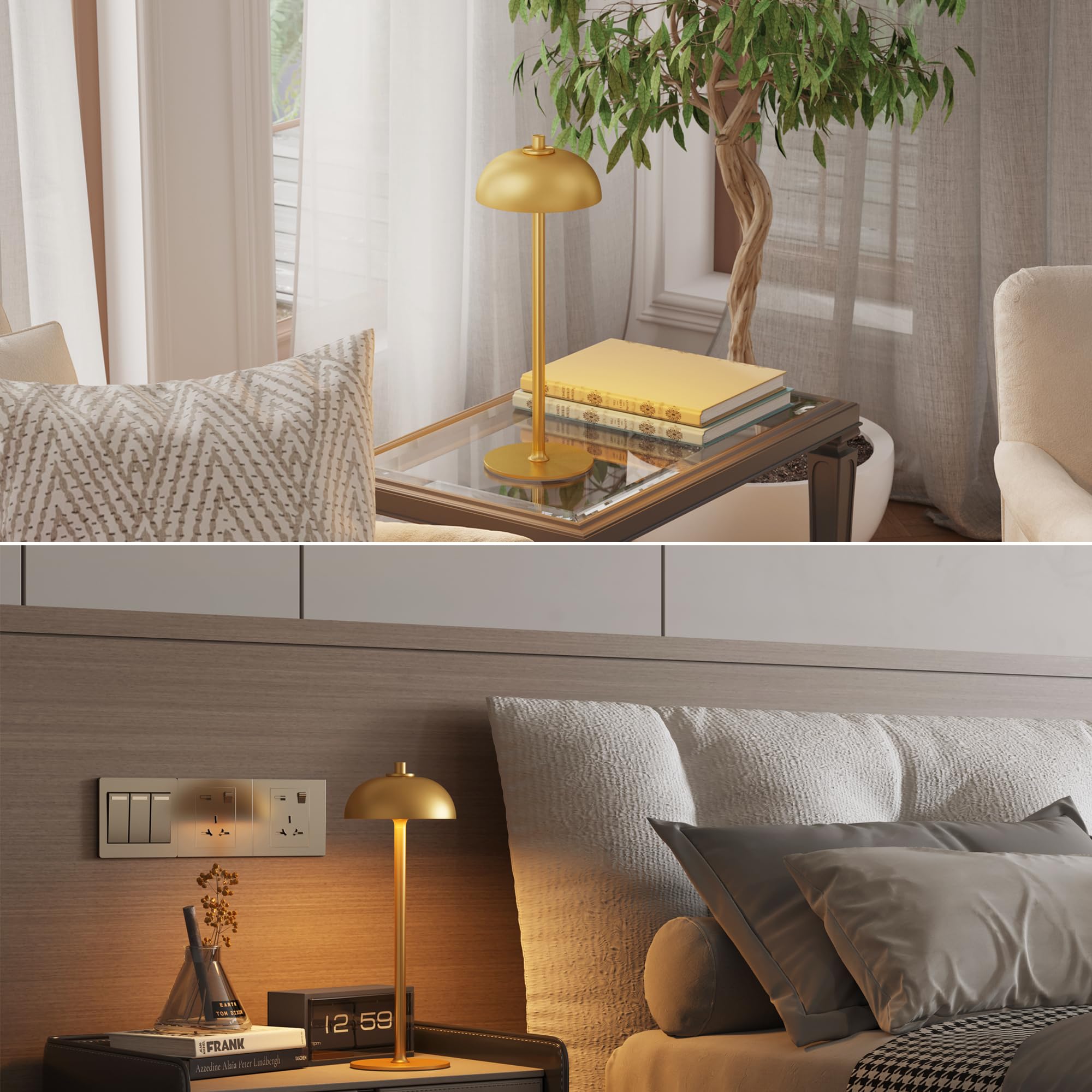 JONEMO Cordless Table Lamp - 5000mAh Rechargeable, 3 Color Modes, Stepless Dimming, Gold - Model MOGU, Perfect for Home, Patio, Restaurant