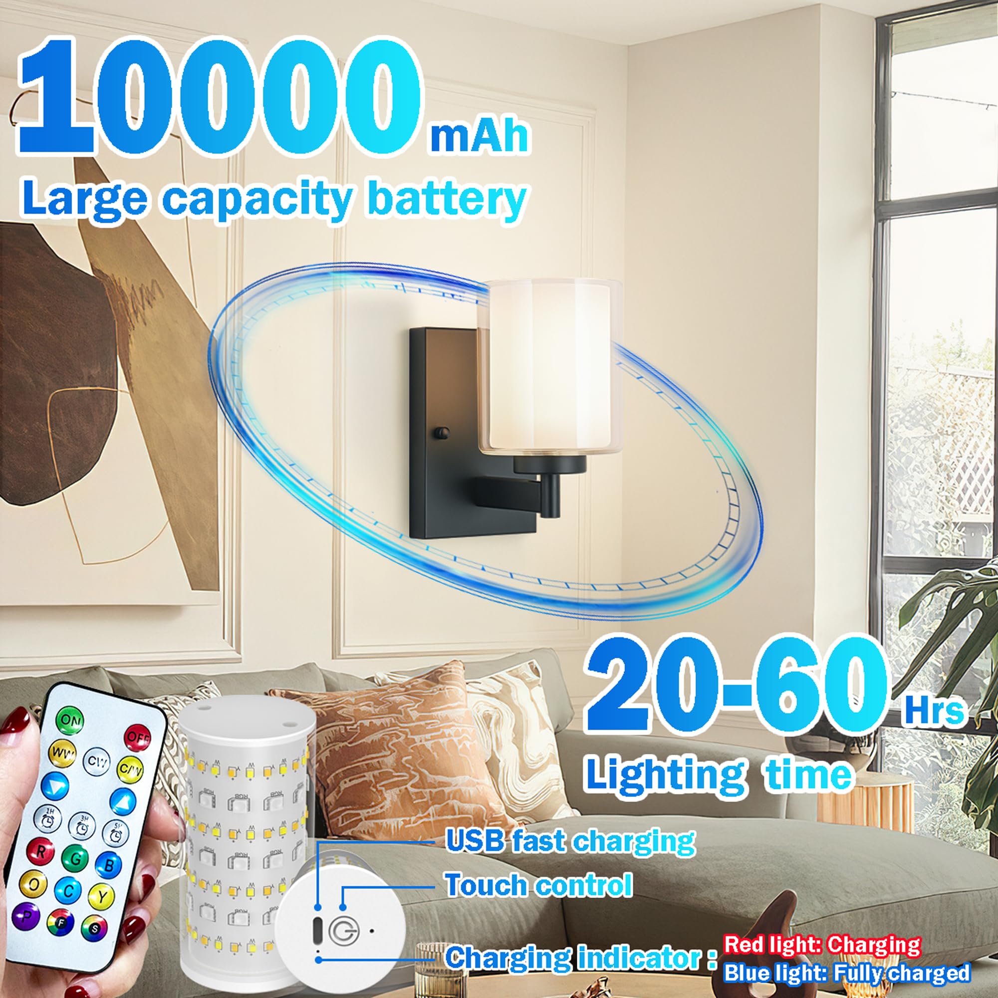 Battery Operated Wall Sconce Set Of 2, 10000Mah Wireless Rechargeable Wall Sconce With Remote Control, Rgb Dimmable Bathroom Lig