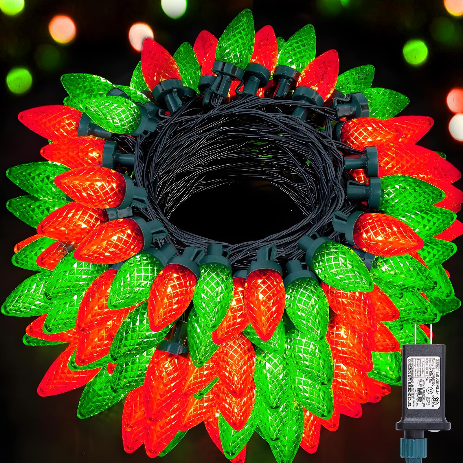 Minetom C9 LED Christmas Lights - 200 LED, 147 ft, Waterproof, 8 Modes, Red and Green, Model JT-EL/FC300V0200-C