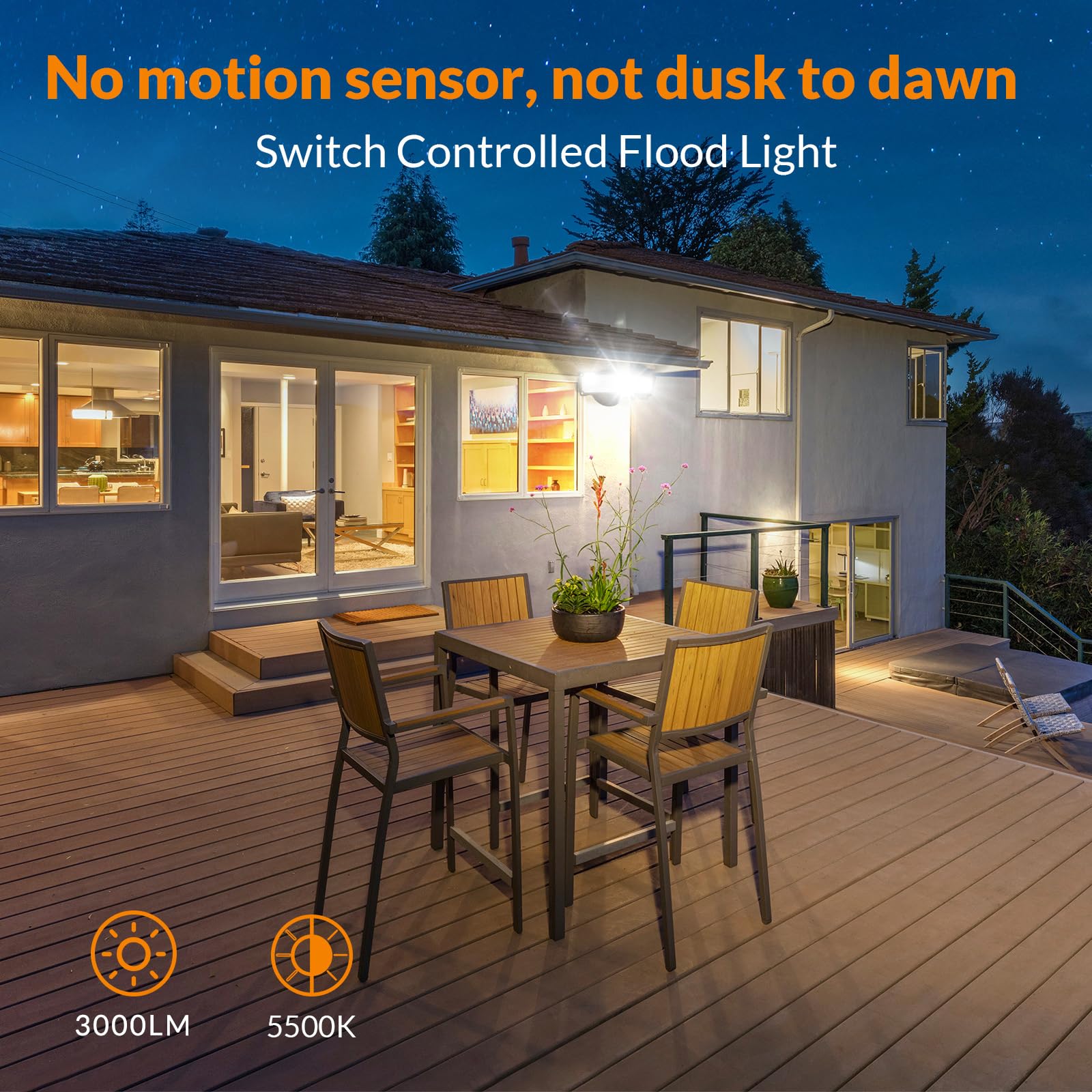 Lepower 3000Lm Led Flood Light Outdoor, Switch Controlled Led Security Light, 28W Exterior Lights With 2 Adjustable Heads, 5500K